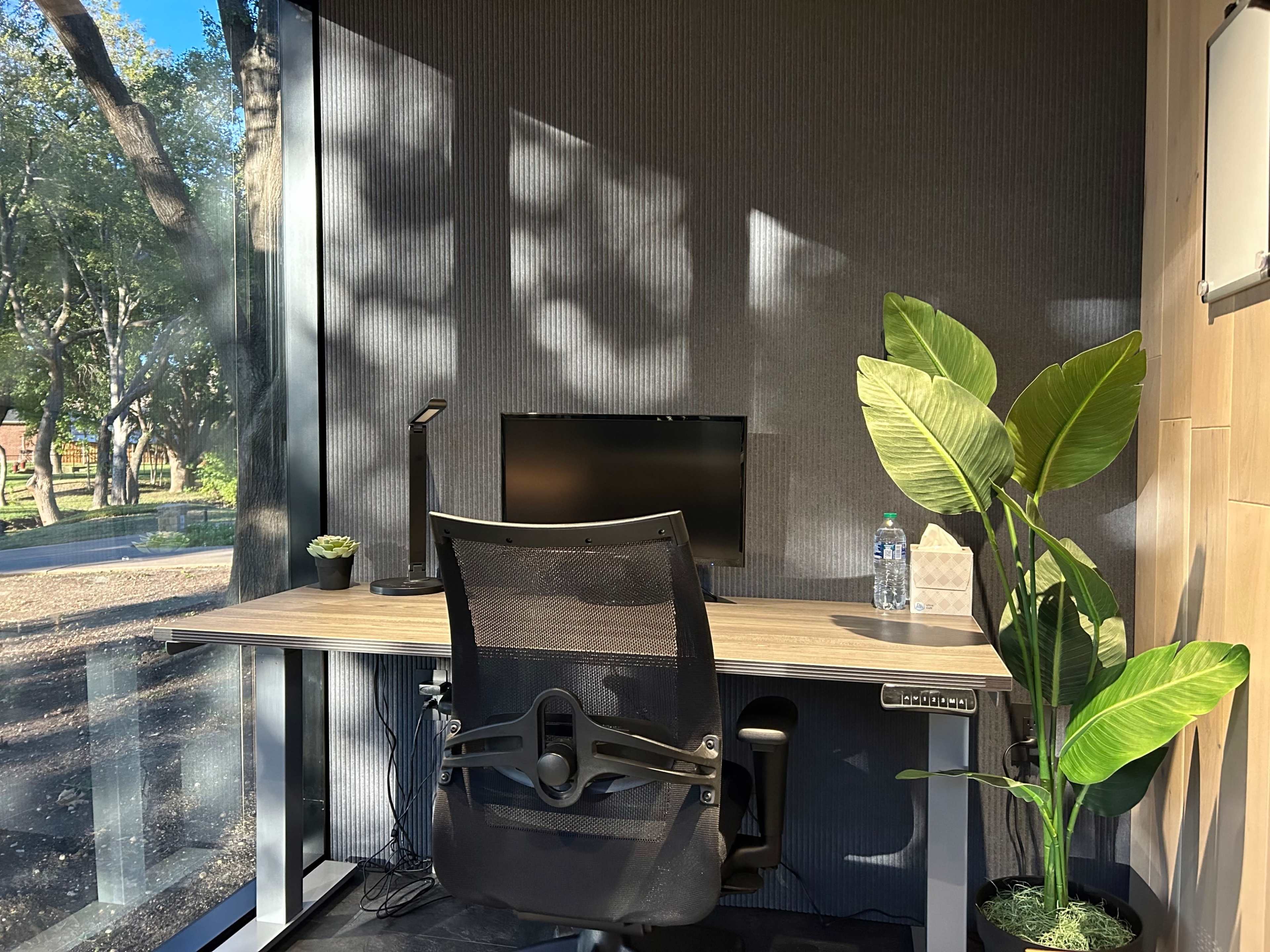 A modern workspace features a desk with a computer monitor, an ergonomic chair, a lamp, a small plant, and a bottle of water, set against a wall of window displaying greenery outside.