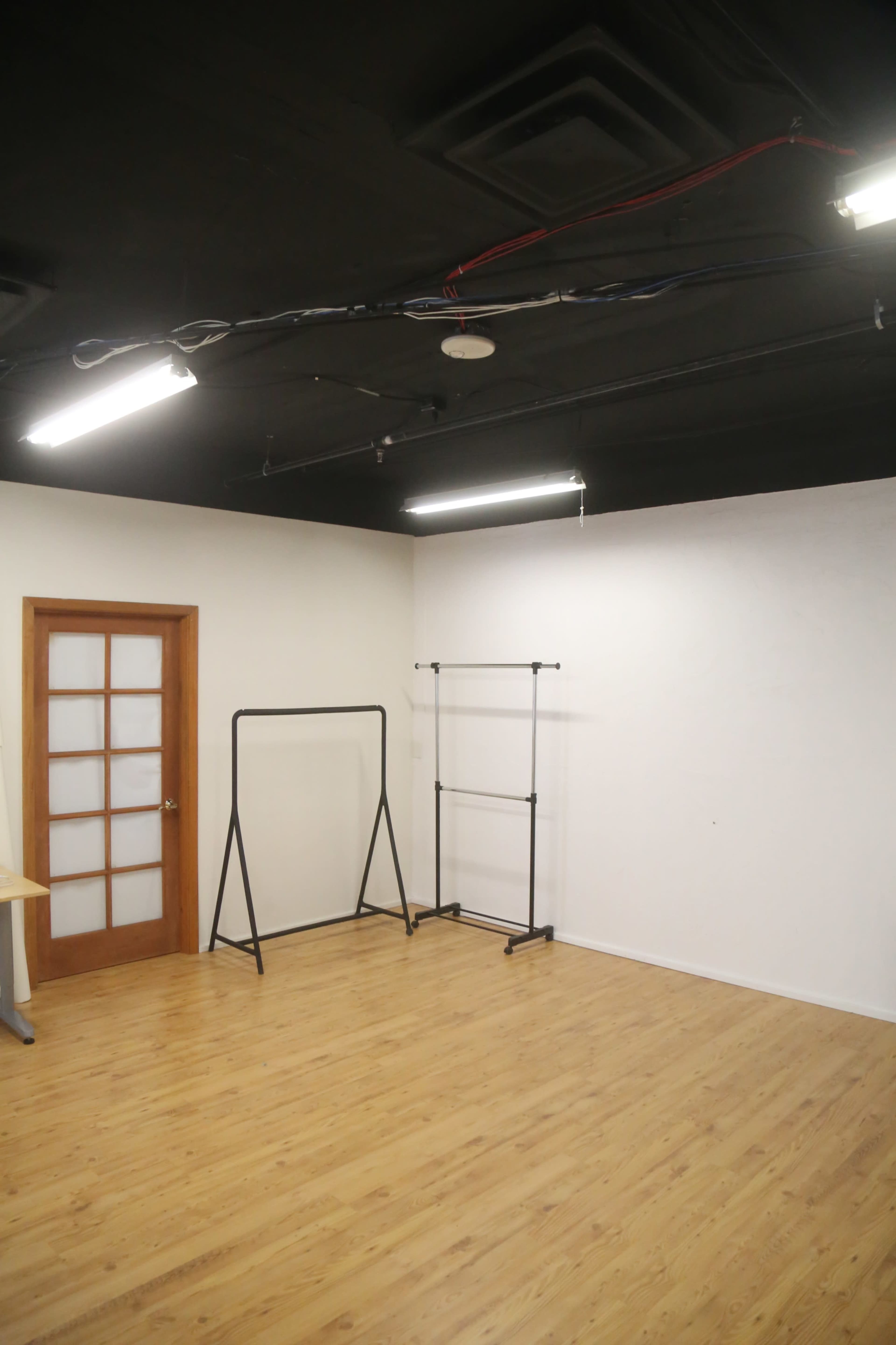 The image shows a sparsely furnished room with a wooden floor, featuring a door, two clothing racks, and overhead lights.