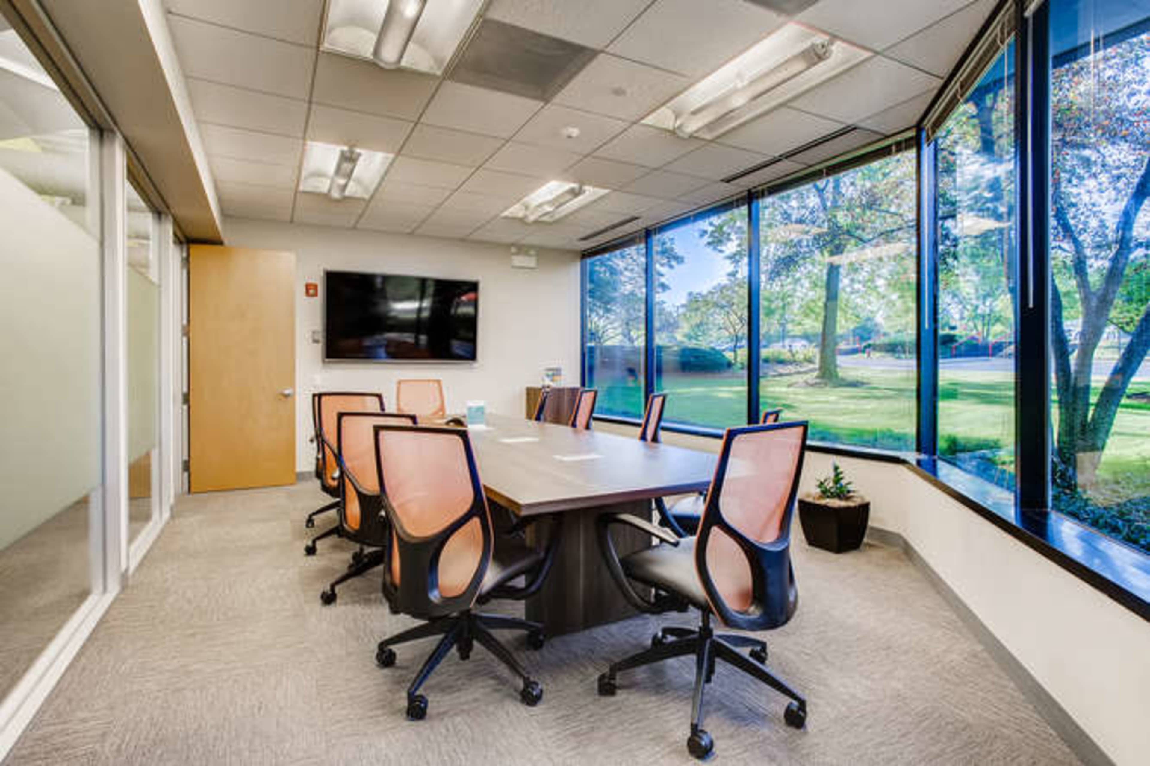 The image shows a conference room with a large table, chairs around it, a television mounted on the wall, and large windows offering a view of trees outside.