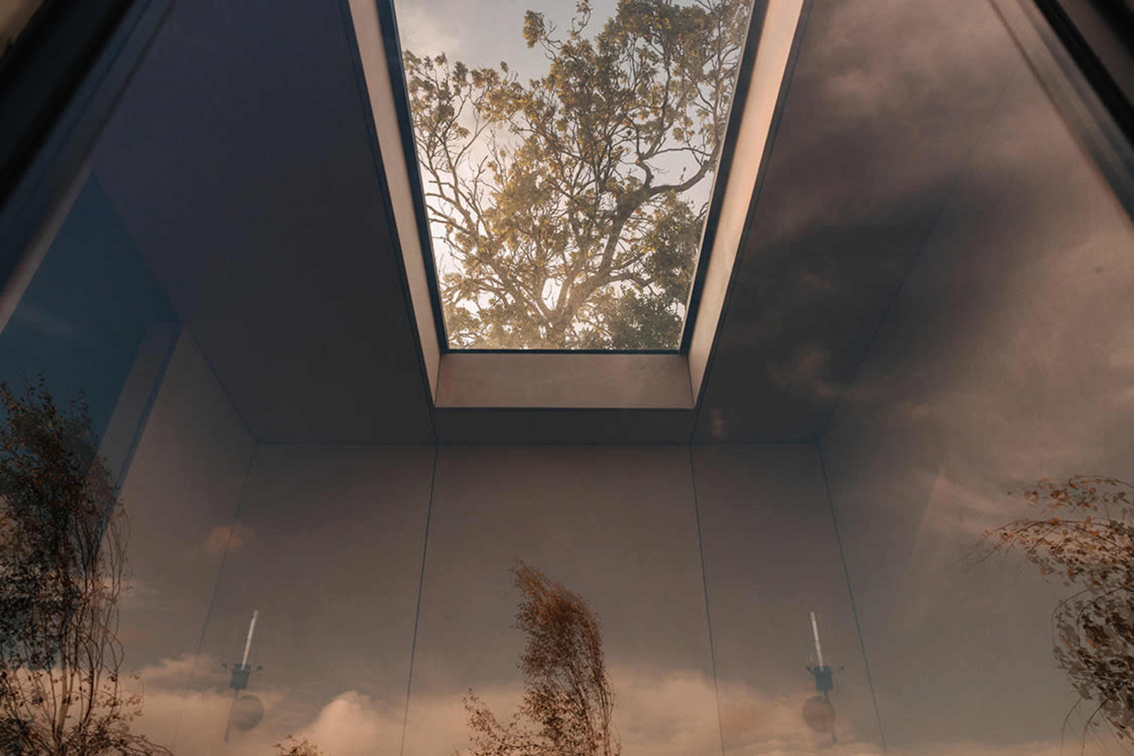 A modern interior space with a skylight that reflects a tree and the sky above.