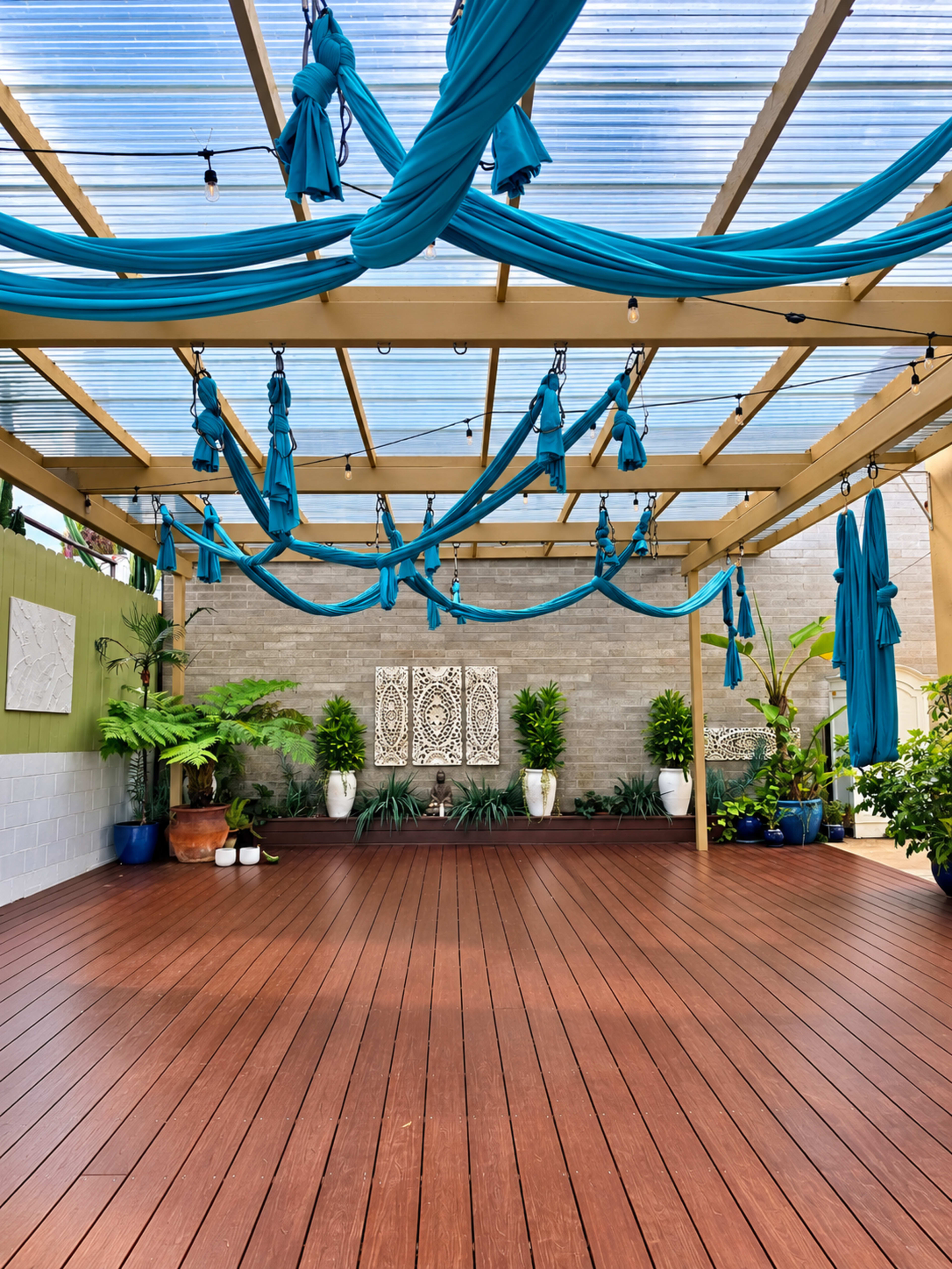 The image features an outdoor space with a wooden floor, adorned with blue fabric drapes hanging from a pergola, alongside potted plants and wall decorations.