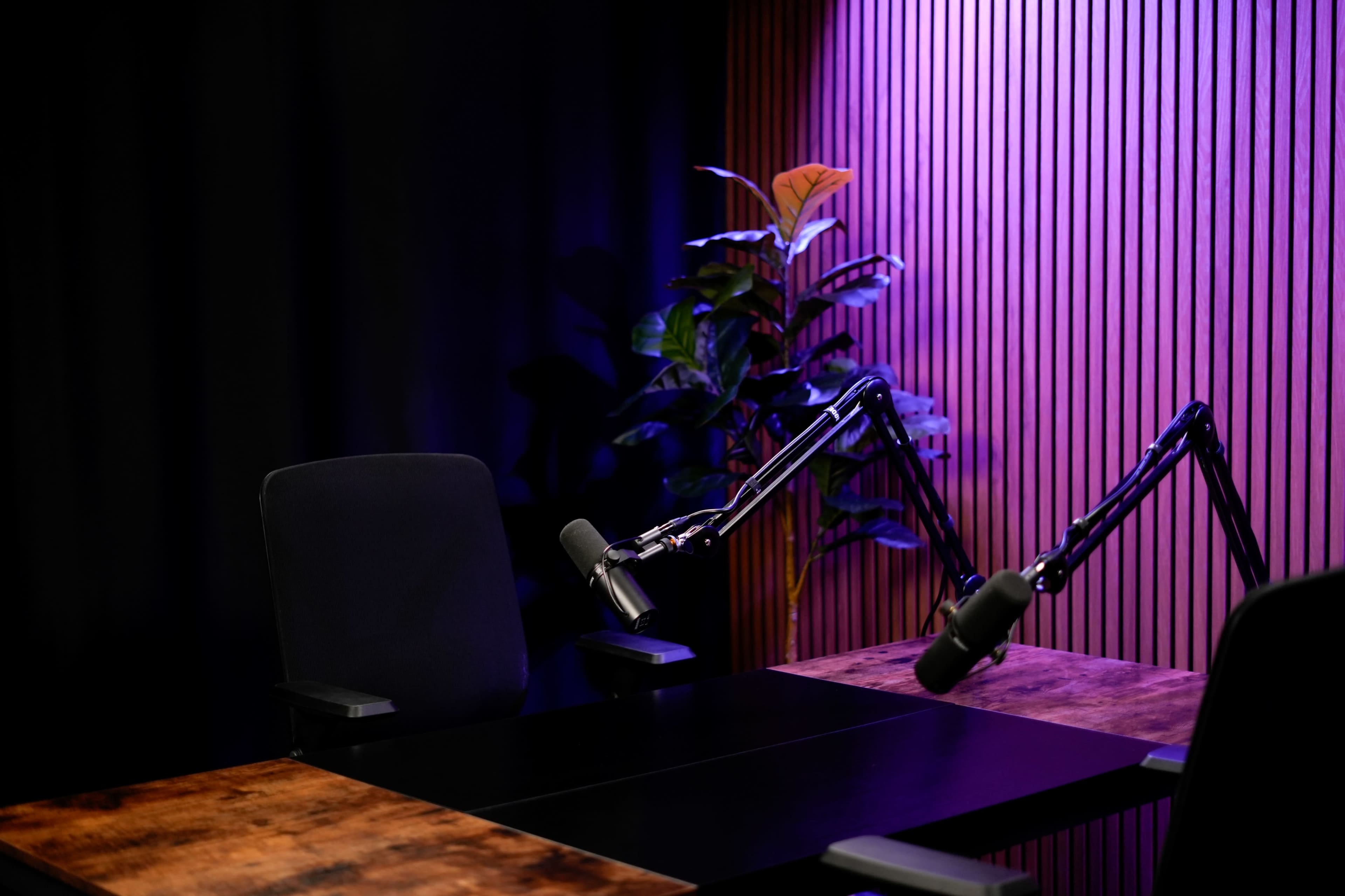 A dimly lit podcast studio features a wooden table, two chairs, and microphone arms positioned for recording, with a plant partially visible in the background.