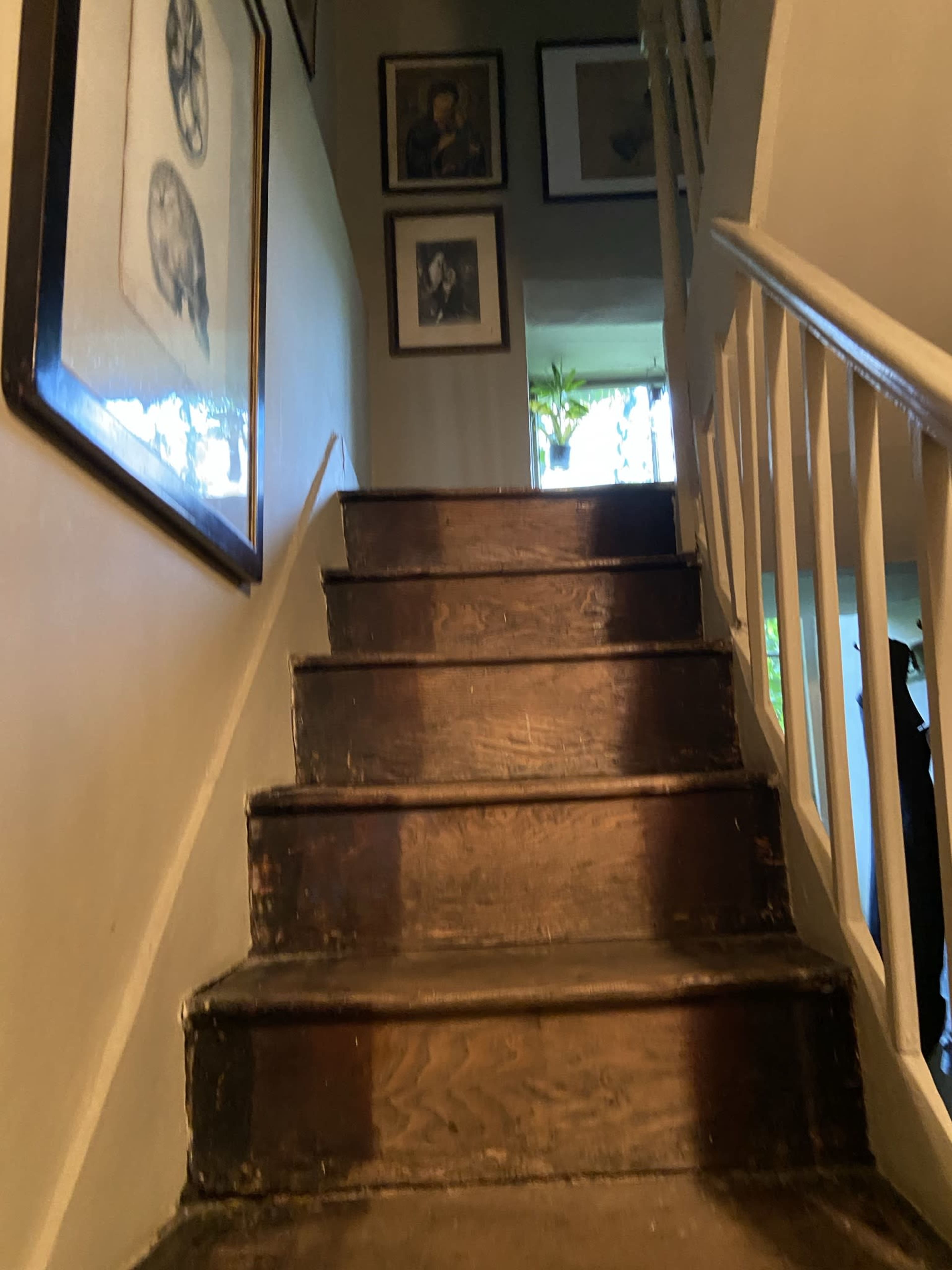 A set of wooden stairs leads upward, lined with framed pictures on the wall, and sunlight streaming in from a window at the top.