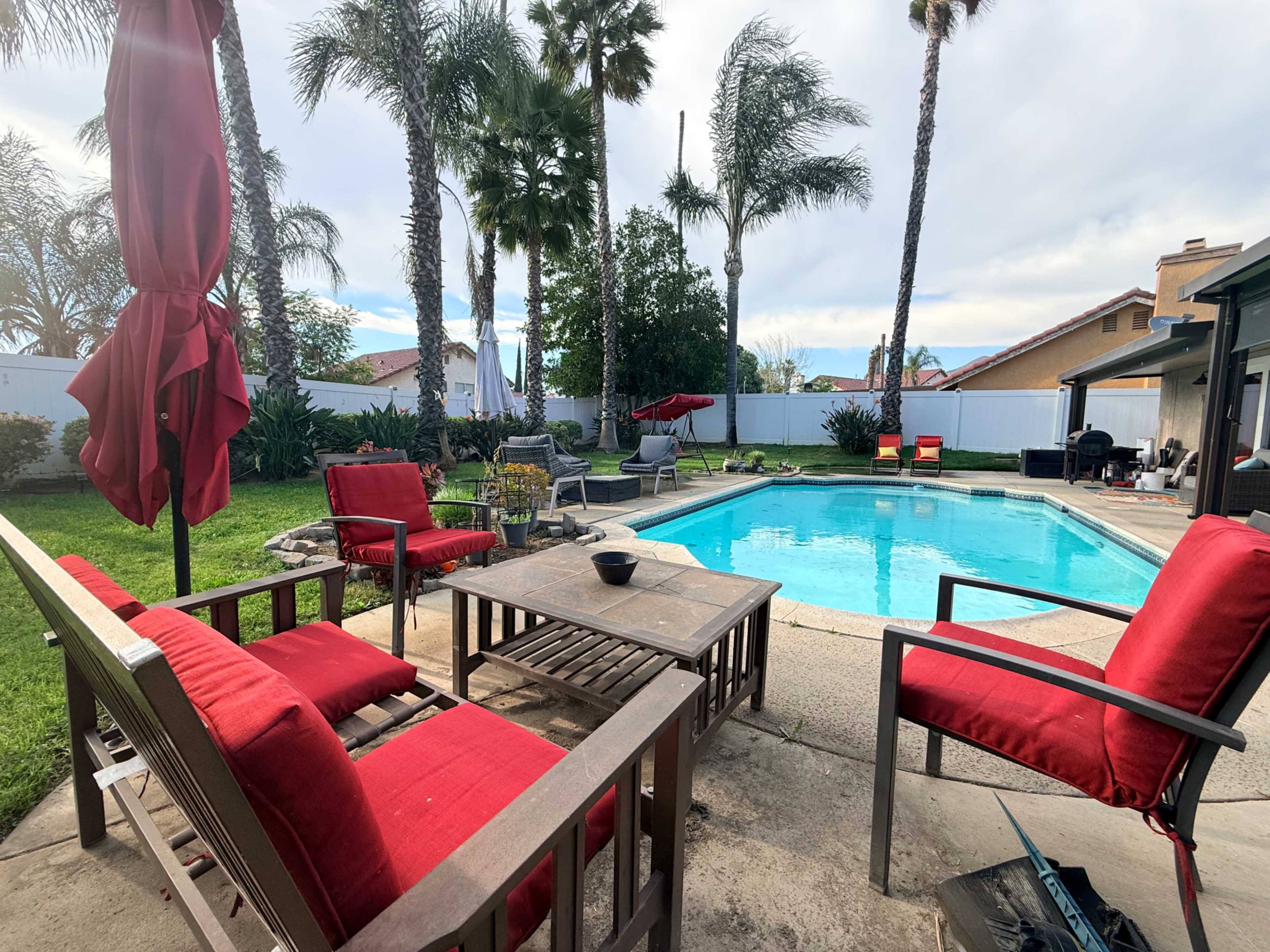 The scene features a backyard with a swimming pool surrounded by palm trees, lounge chairs, and a patio area with red cushions.