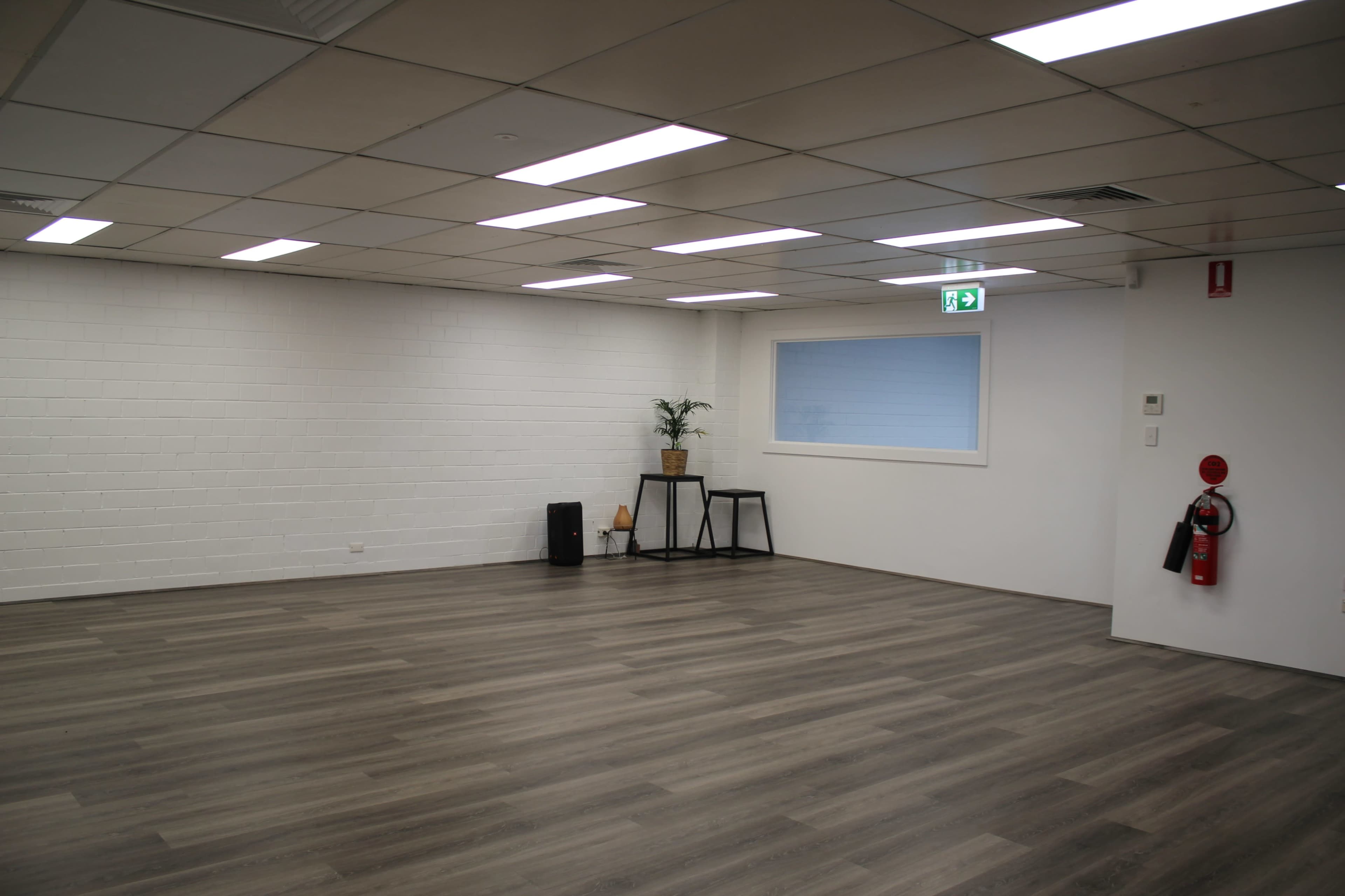 A spacious, empty room with wooden flooring, a tall plant on a small table, a fire extinguisher on the wall, and overhead fluorescent lights.