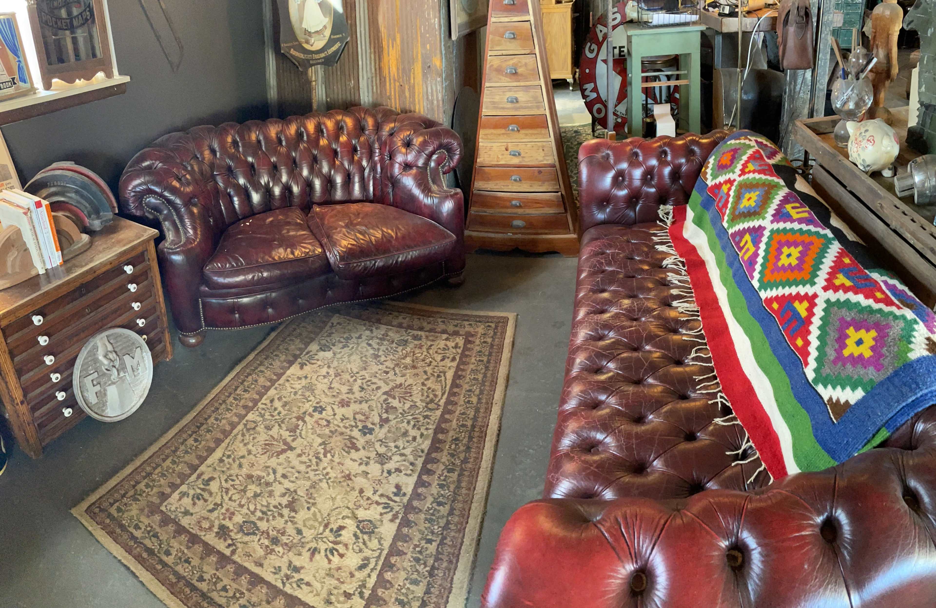 The image shows a room with two leather chesterfield sofas, a decorative rug on the floor, and various antique items displayed on shelves.