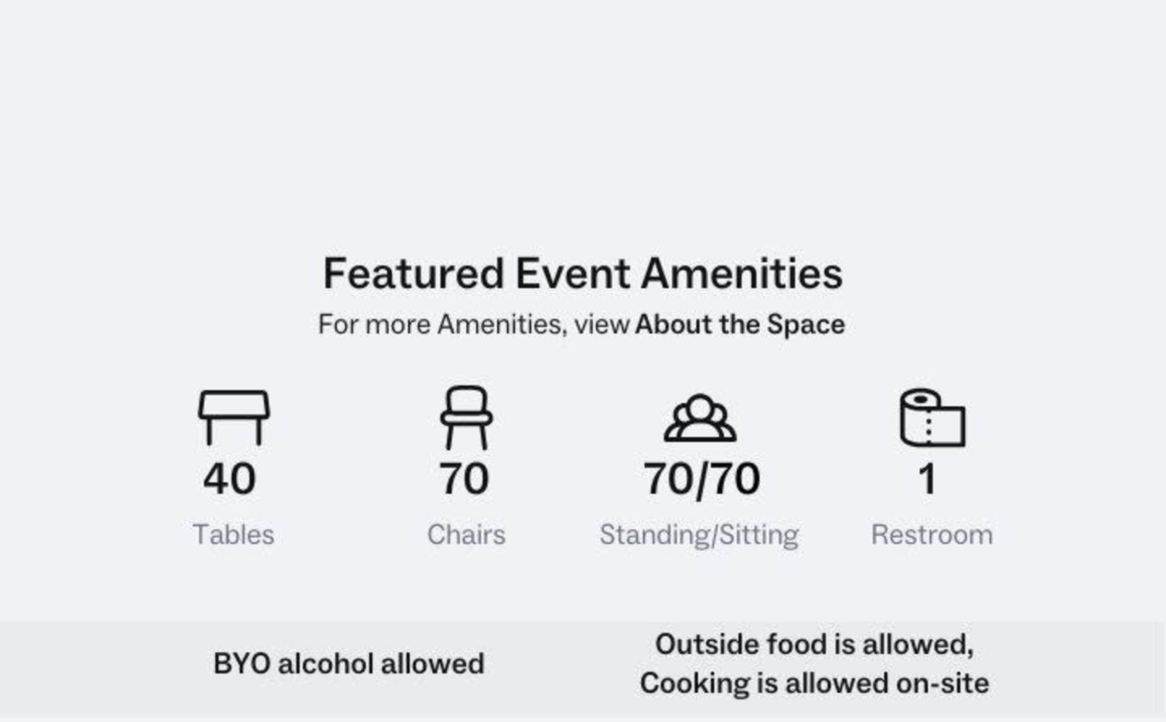 Event amenities, including 40 tables, 70 chairs, a standing/sitting capacity for 70 people, and one restroom, with details about food and alcohol policies.