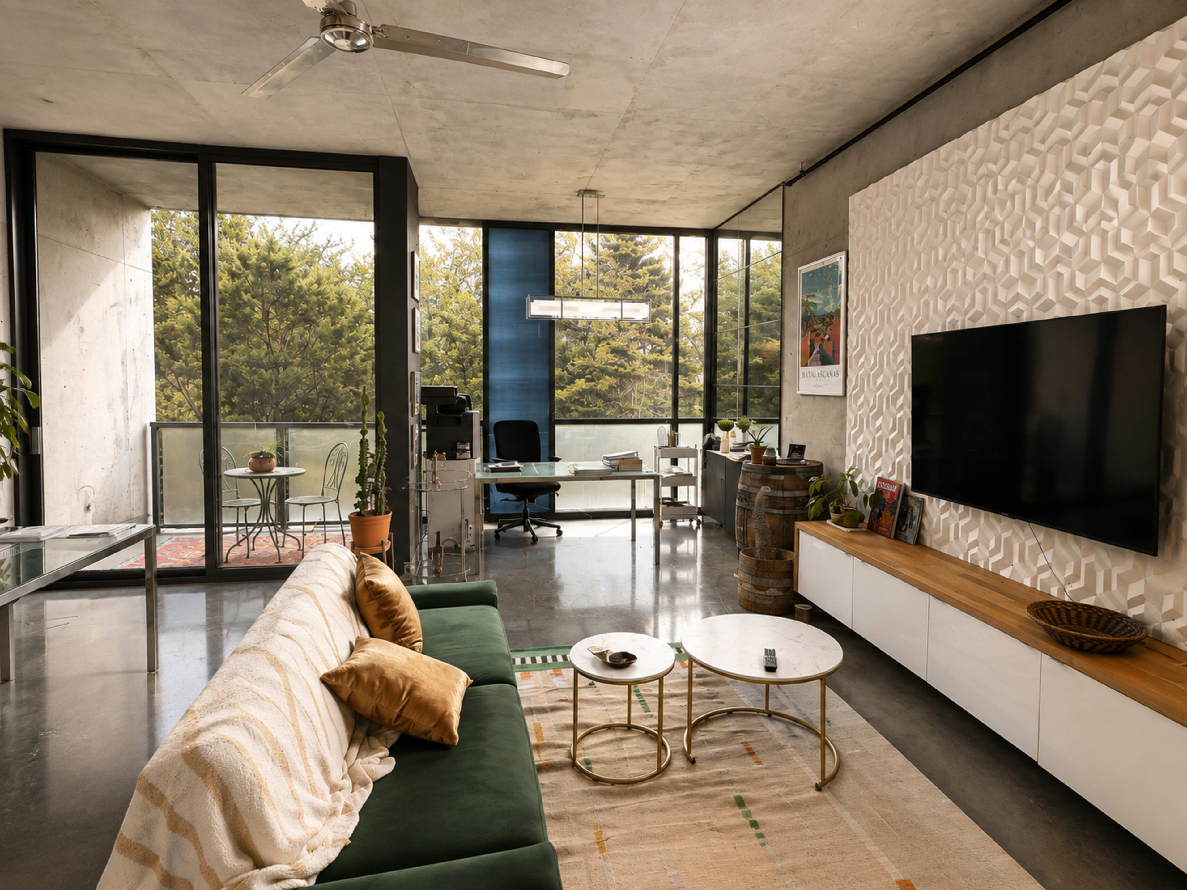 The image shows a modern living room with a green sofa, a coffee table, and large windows revealing a view of greenery outside.