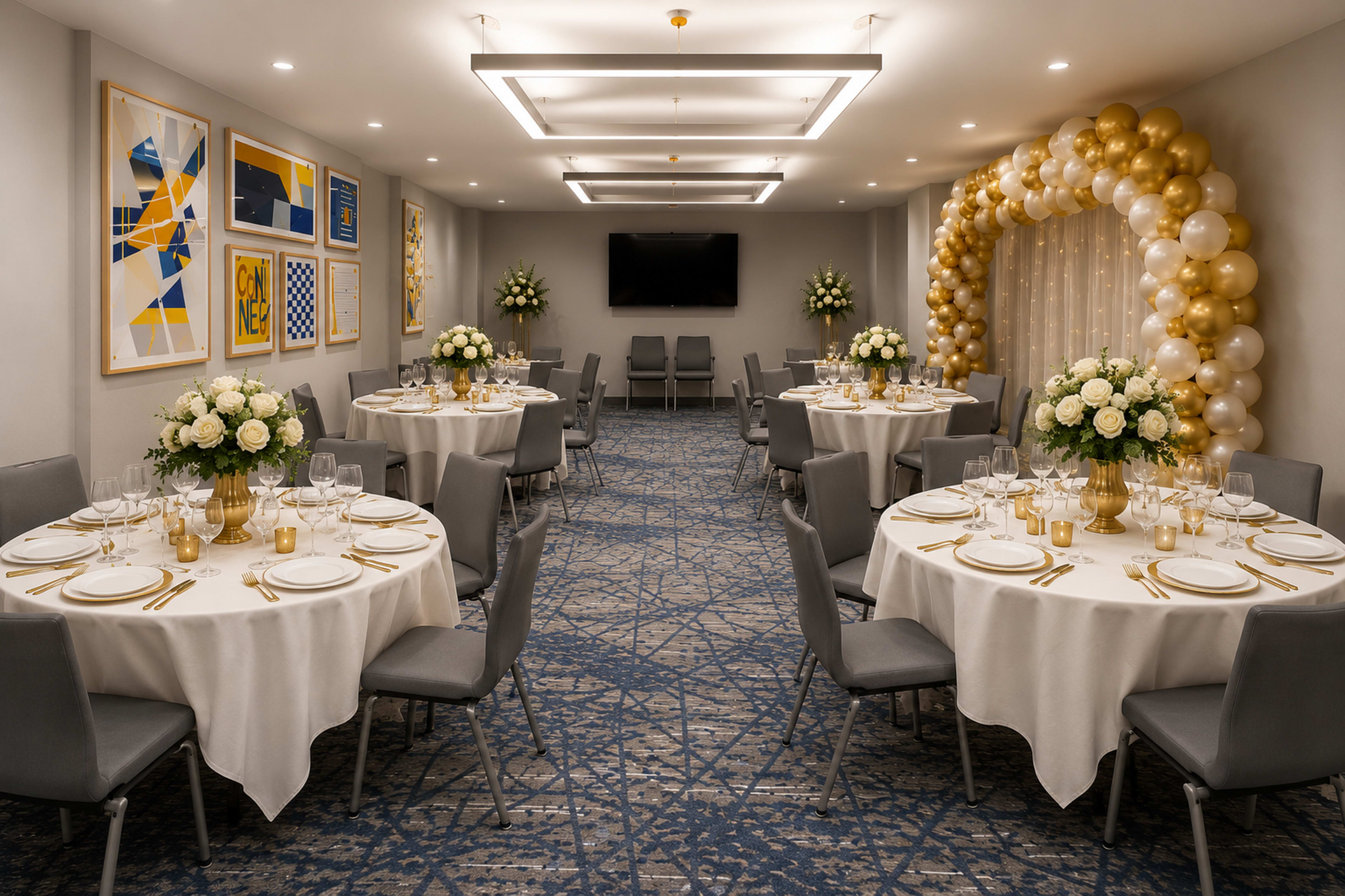 The image shows a decorated event room with two round tables set for dining, each featuring floral centerpieces, along with an archway made of balloons.