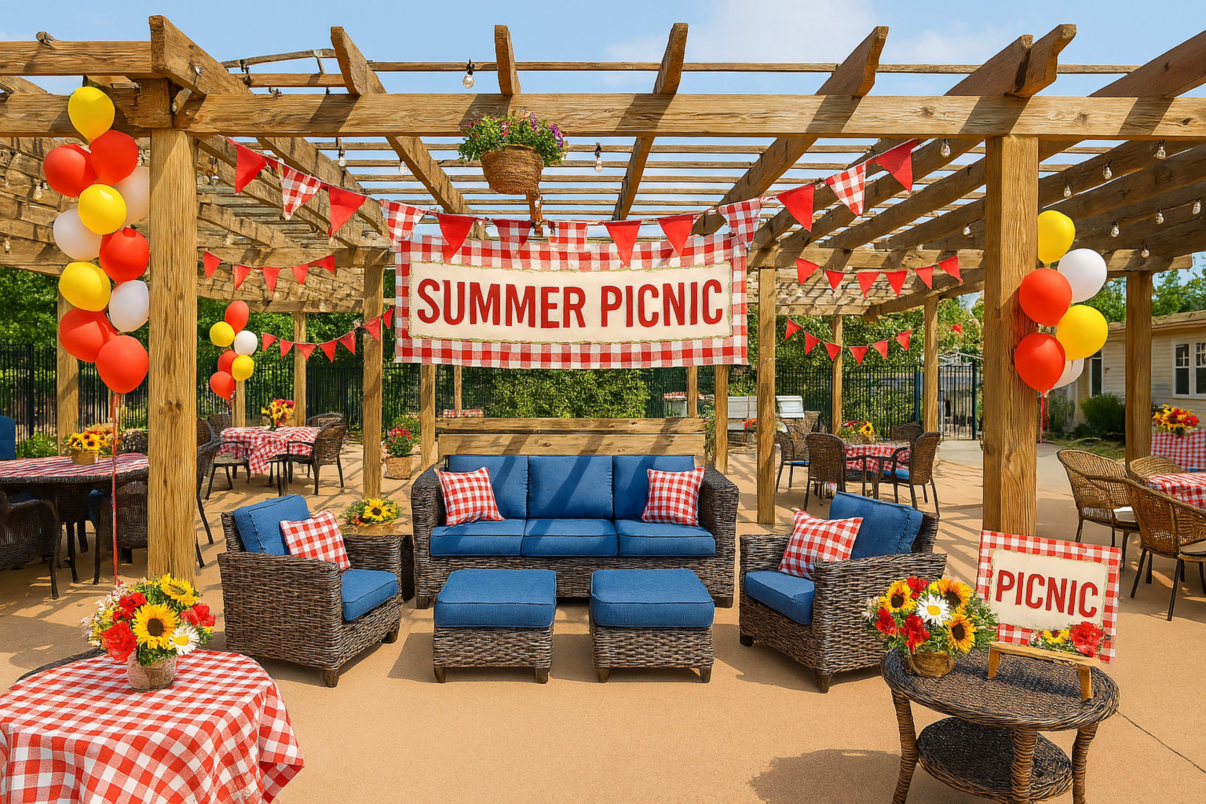 The scene features a decorated outdoor area with seating, colorful banners, and flower arrangements, all set up for a summer picnic.
