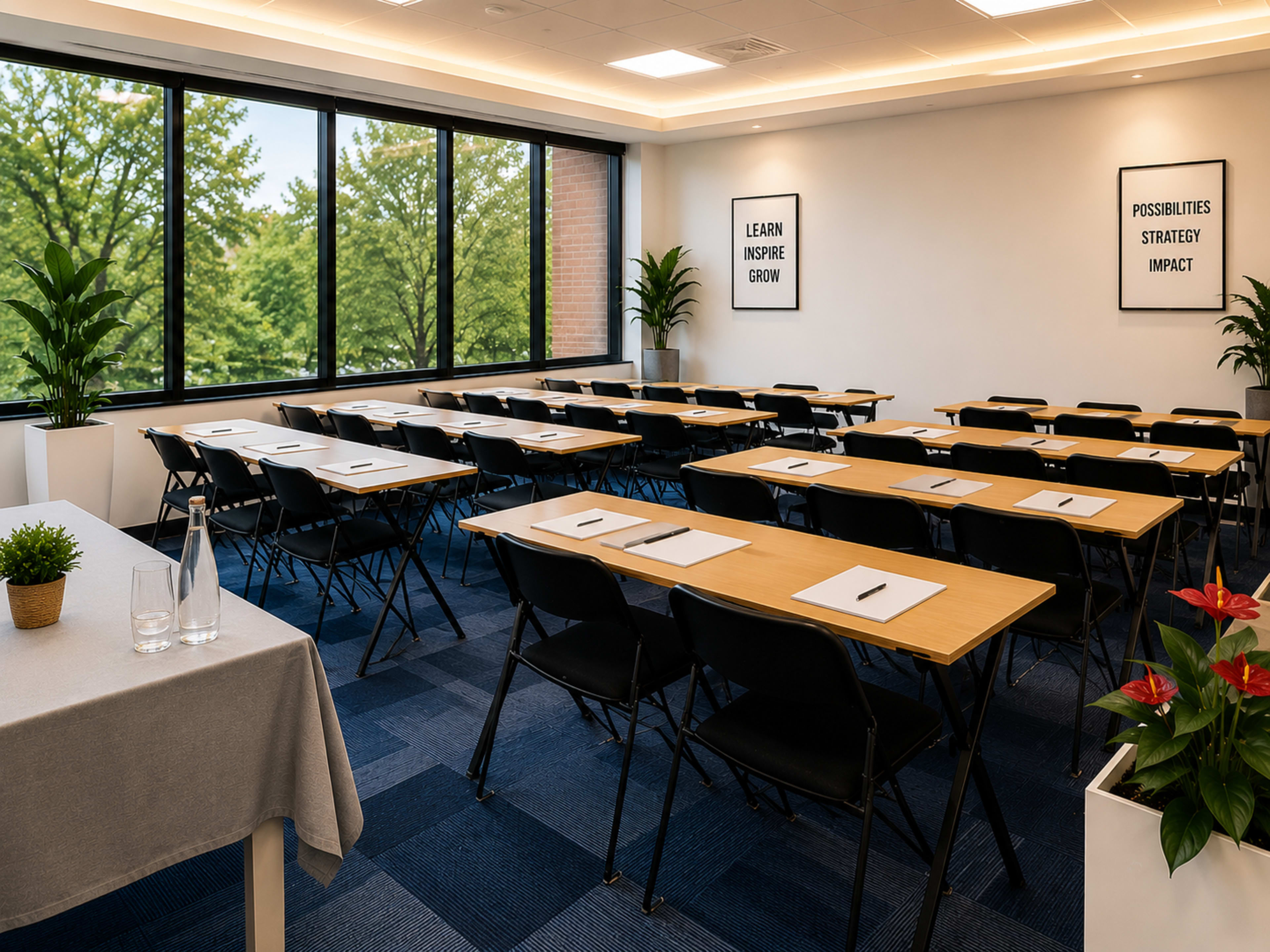 The image shows a modern conference room with rows of tables and chairs arranged for a meeting, large windows providing natural light, and motivational posters on the walls.