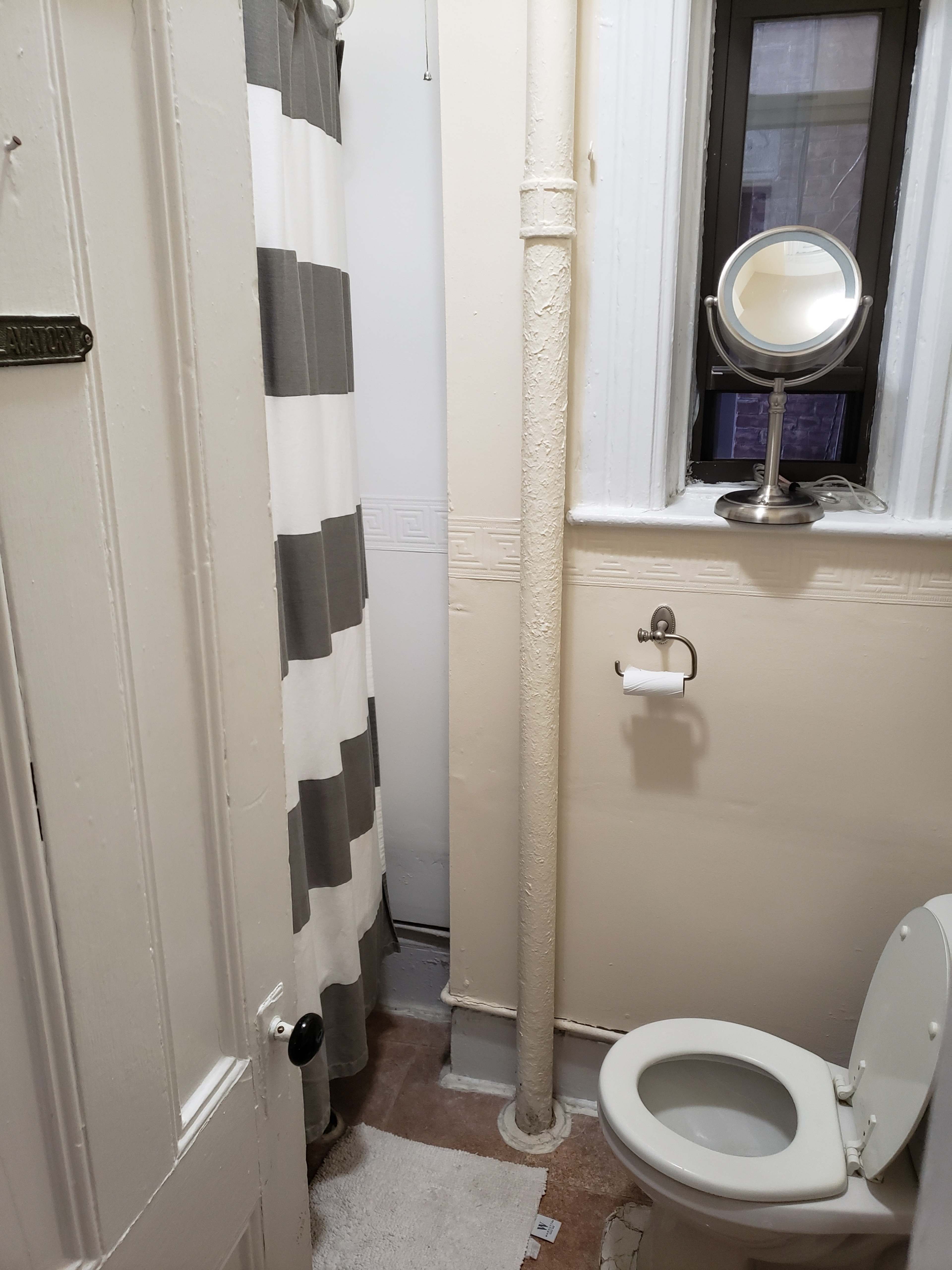 A small bathroom with a toilet, a shower curtain in gray stripes, and a mirror mounted on the wall.