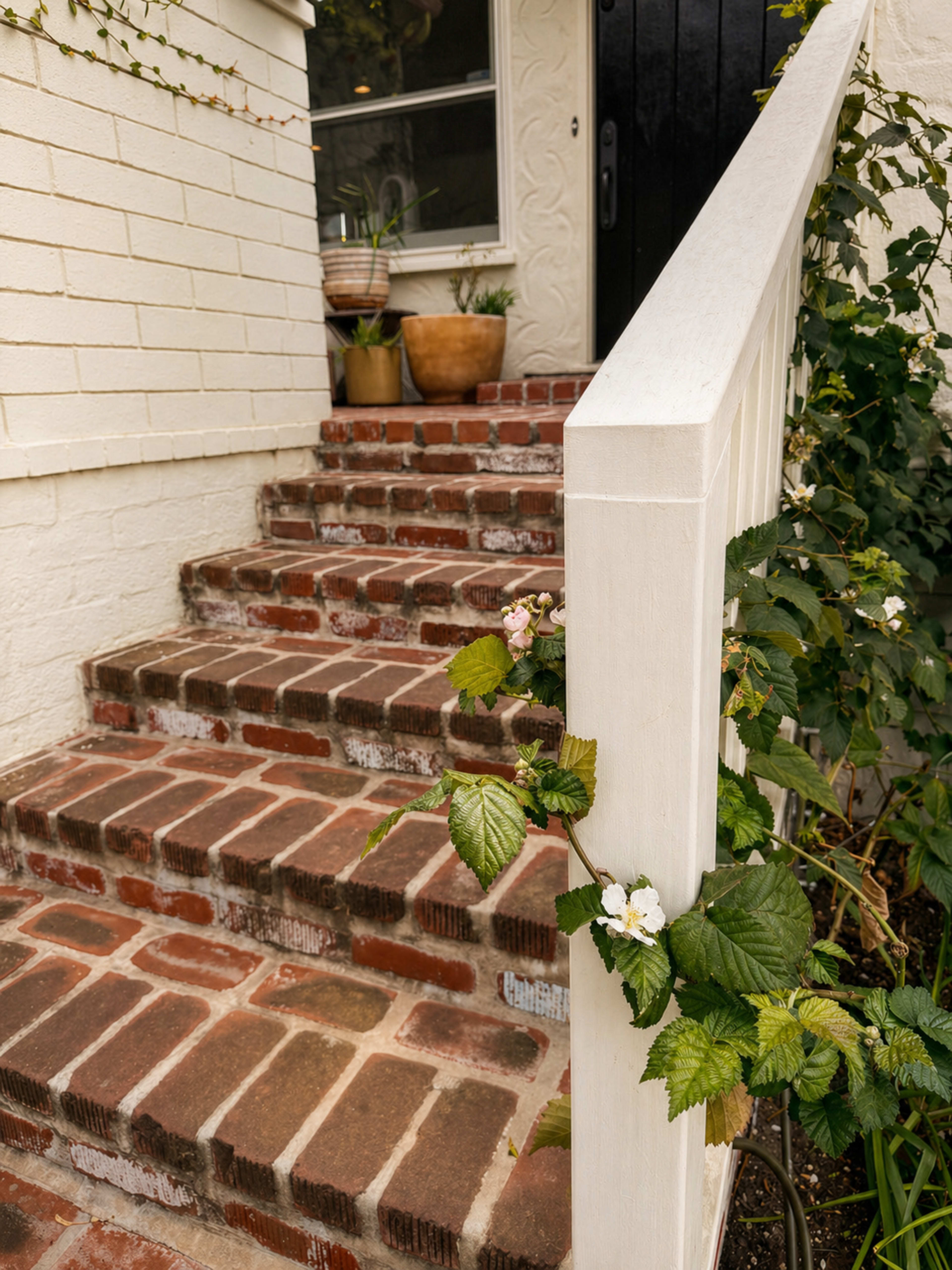 The image shows a brick staircase leading up to a door, with potted plants and green vines climbing the railing.