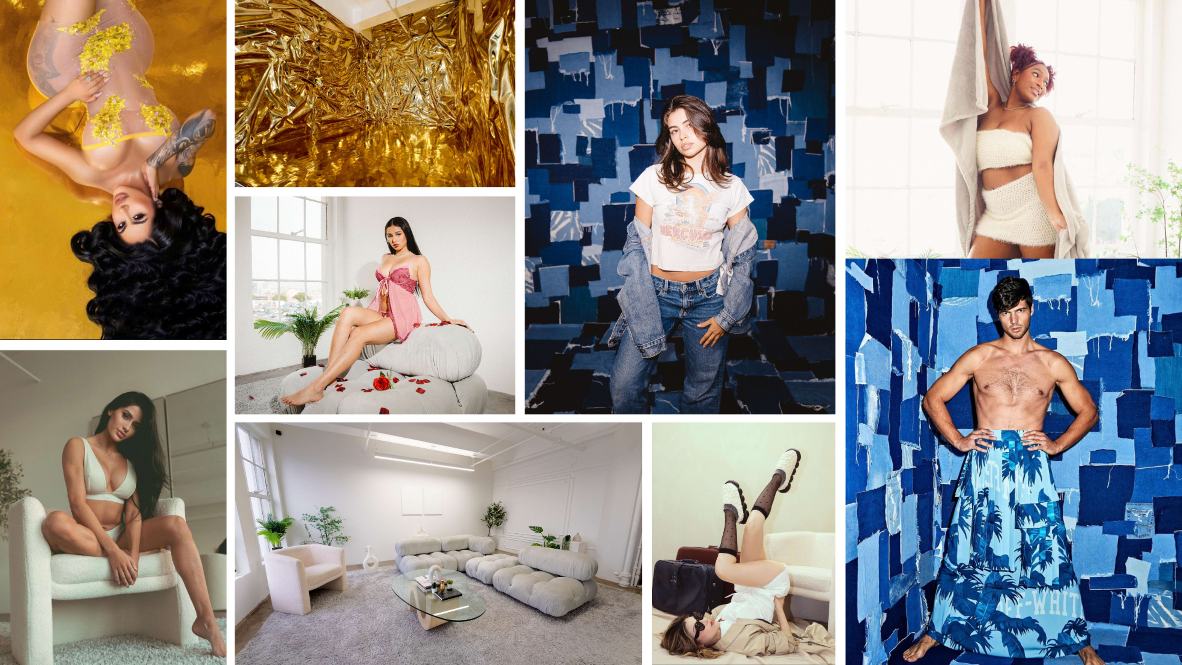 The image showcases a collage of various fashion and lifestyle scenes featuring models posing in modern settings with diverse backgrounds and outfits.