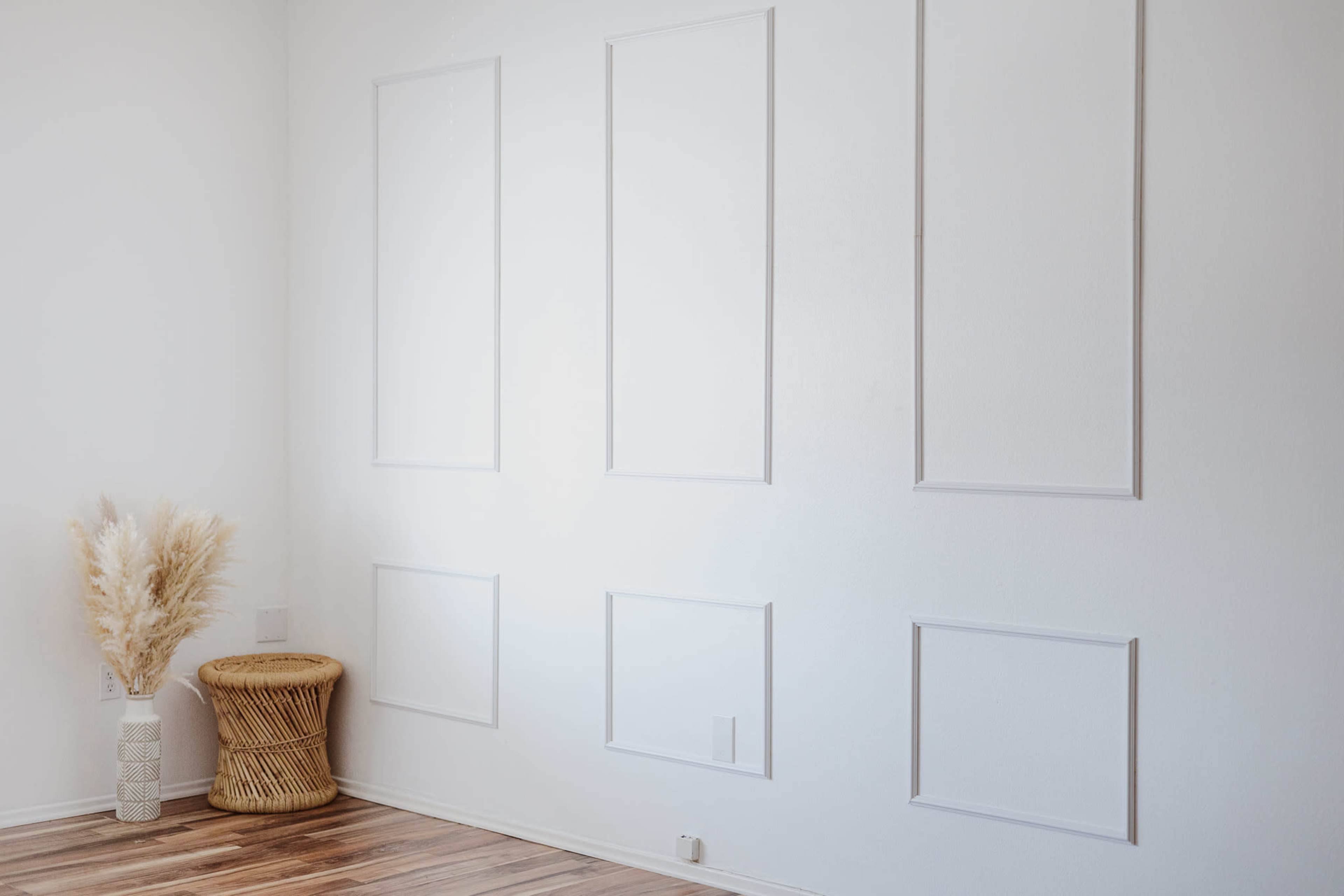 A minimalistic interior features a white wall with decorative paneling and a basket beside a decorative plant arrangement.