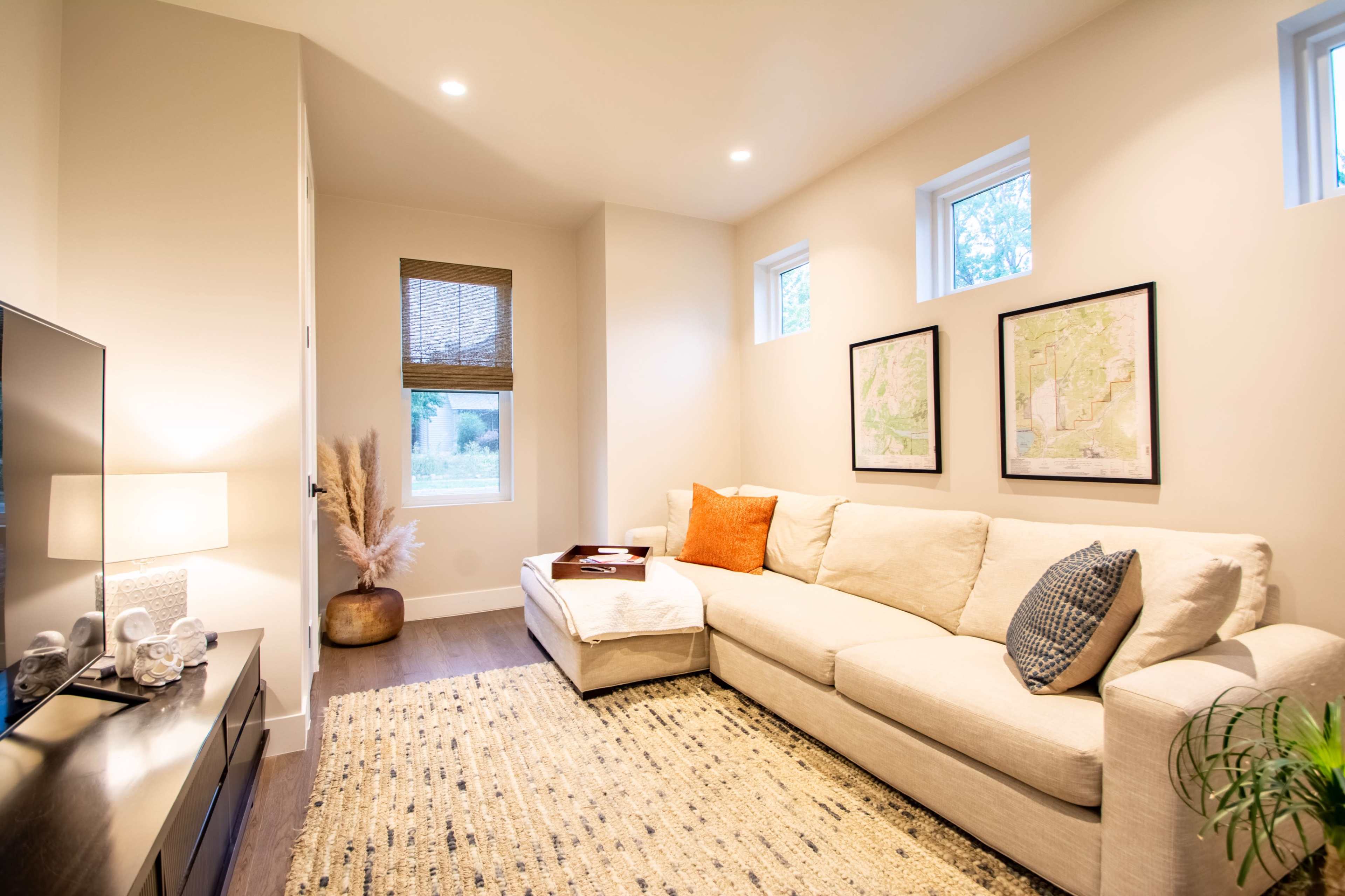 The image shows a cozy living room with a sectional sofa, a television on a stand, framed wall art, and a small decorative plant.