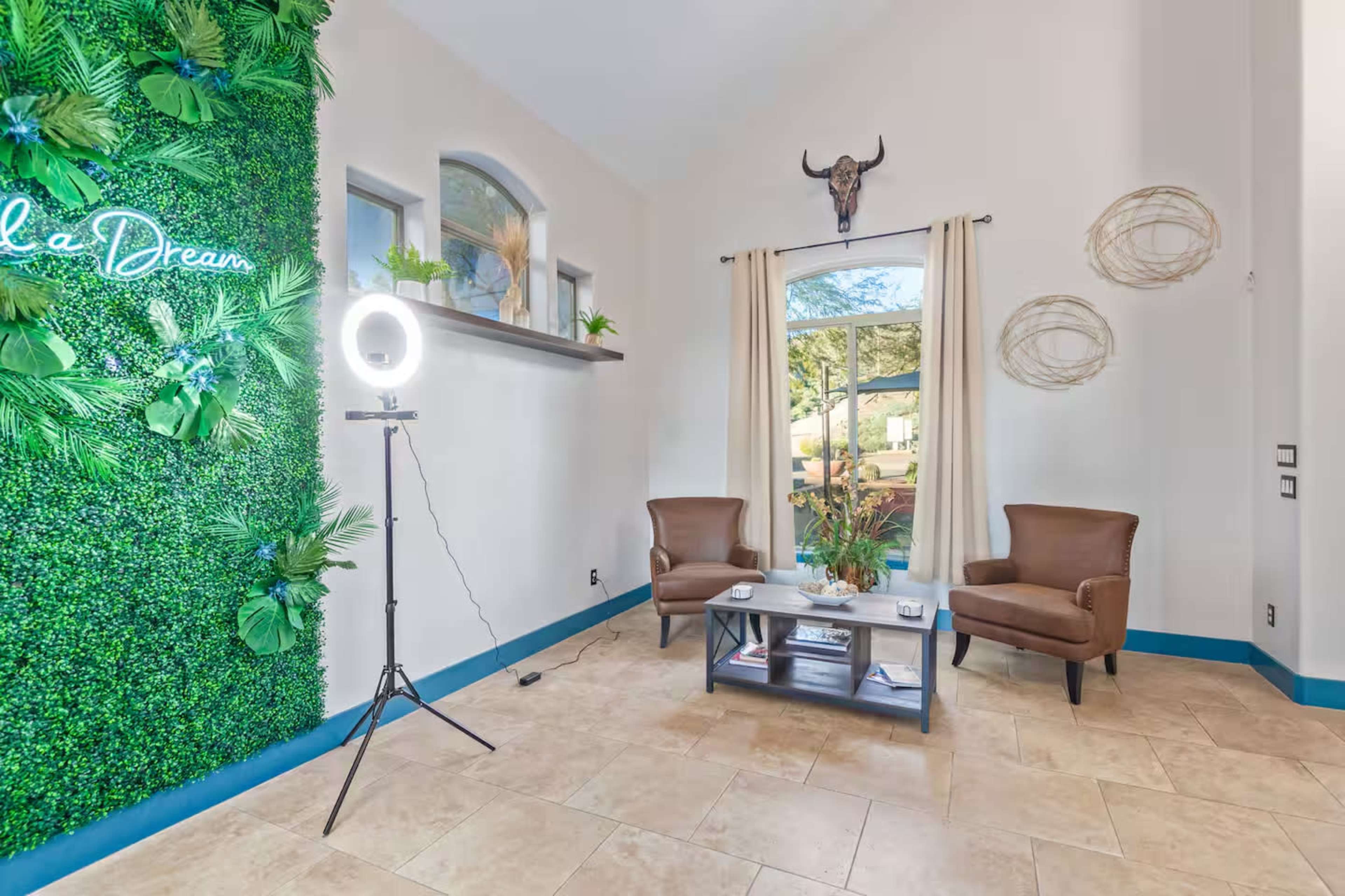 The image shows a cozy interior space with two brown chairs, a small table, a decorative green wall, and a ring light.