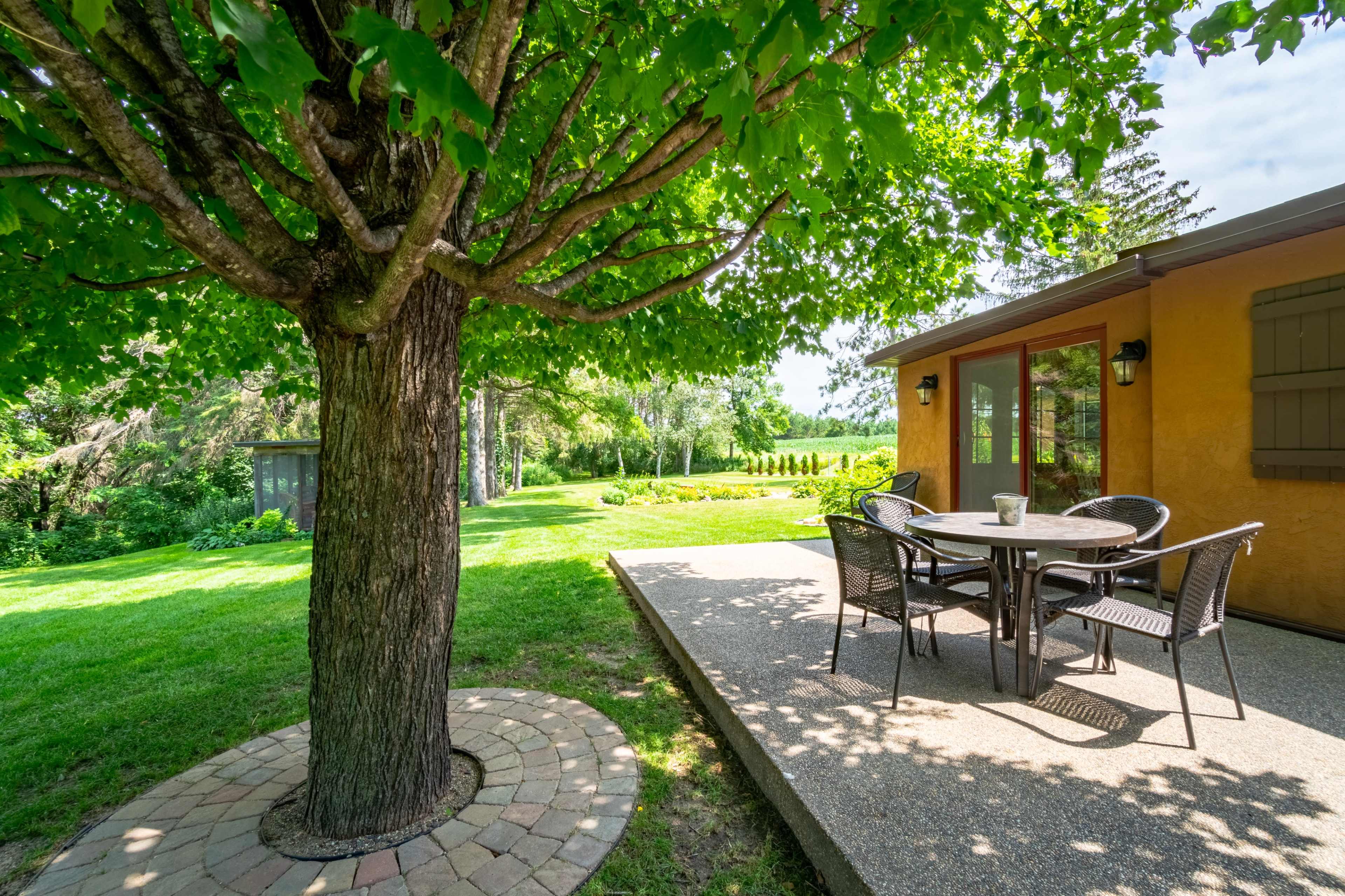 A circular stone patio with a table and chairs is situated next to a tree in a garden area with grass and greenery in the background.