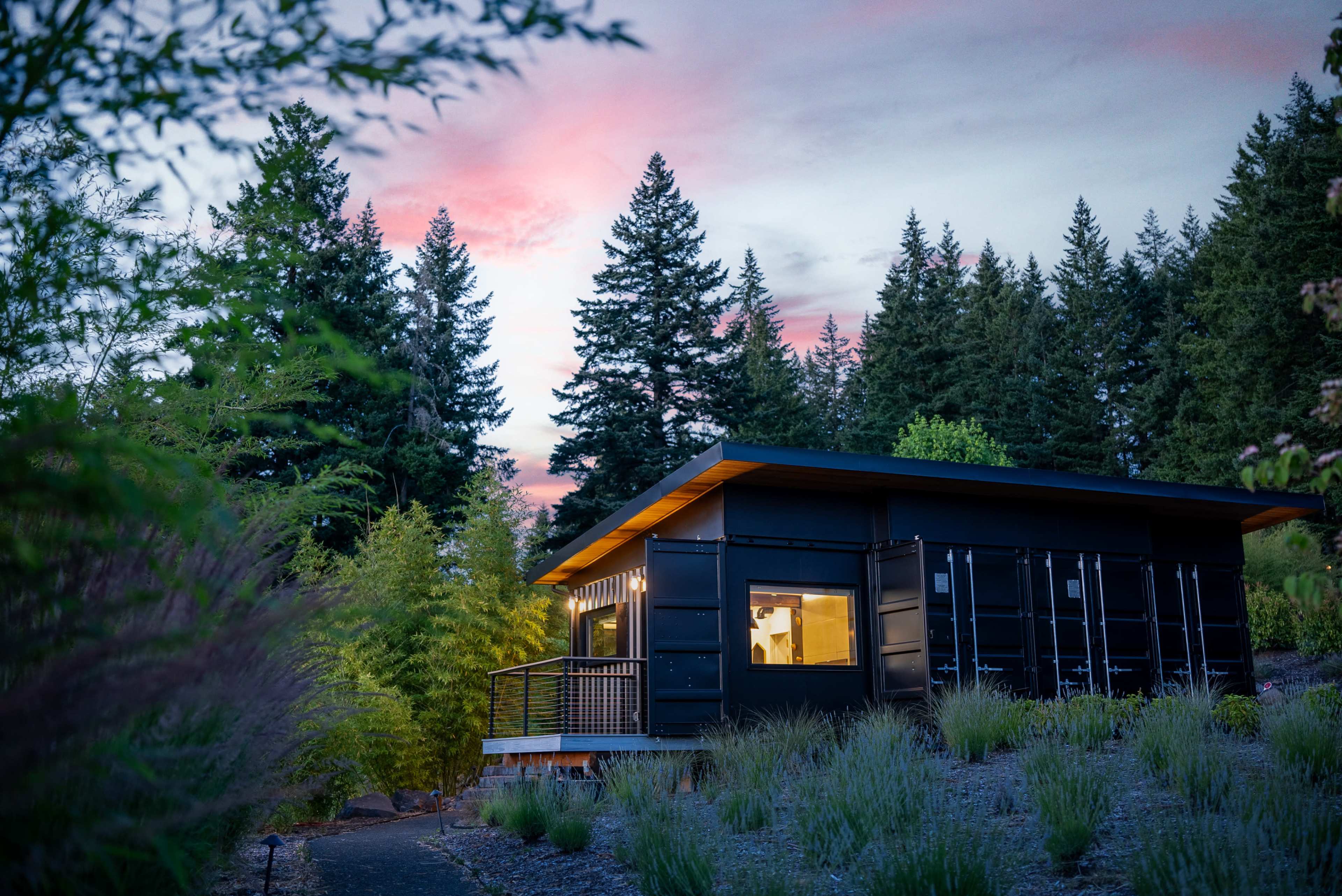 A modern black cabin with large windows is nestled among trees and shrubs under a pink and blue sky.