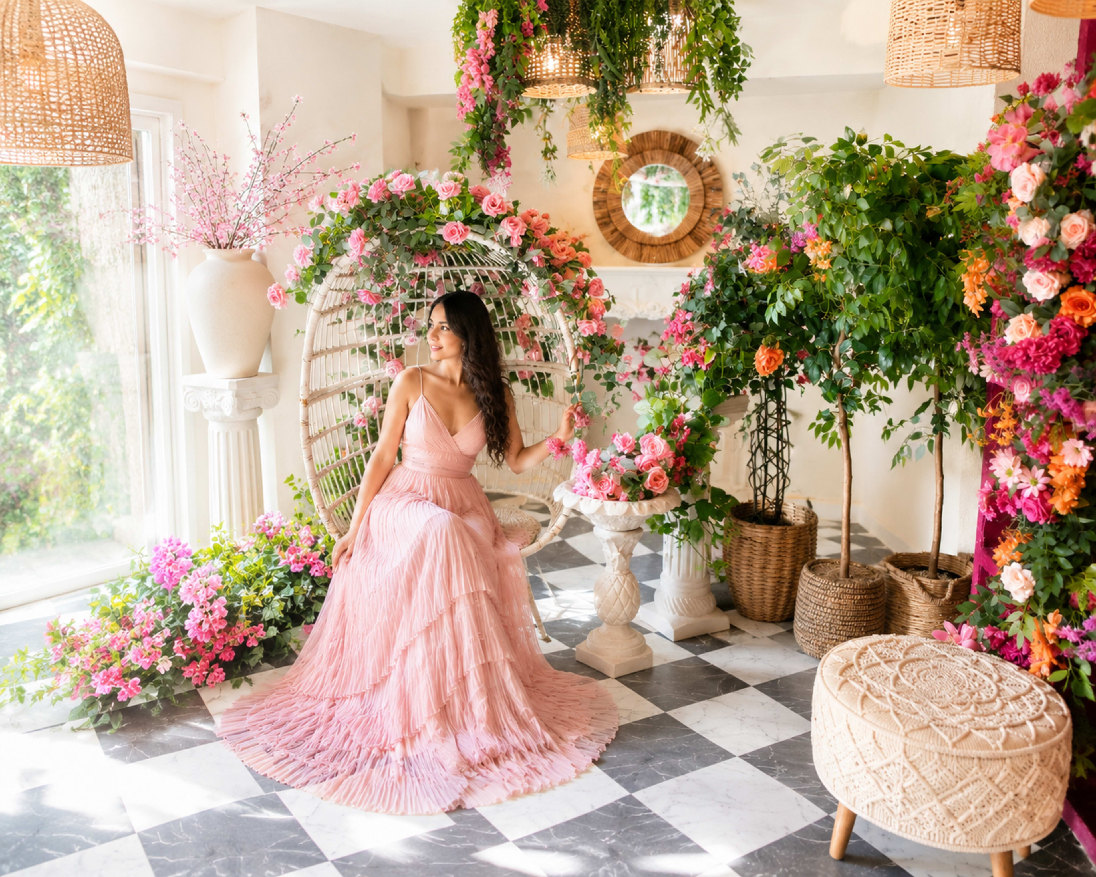 A woman in a pink dress sits on a decorative chair surrounded by floral arrangements and greenery in a bright, well-decorated room.