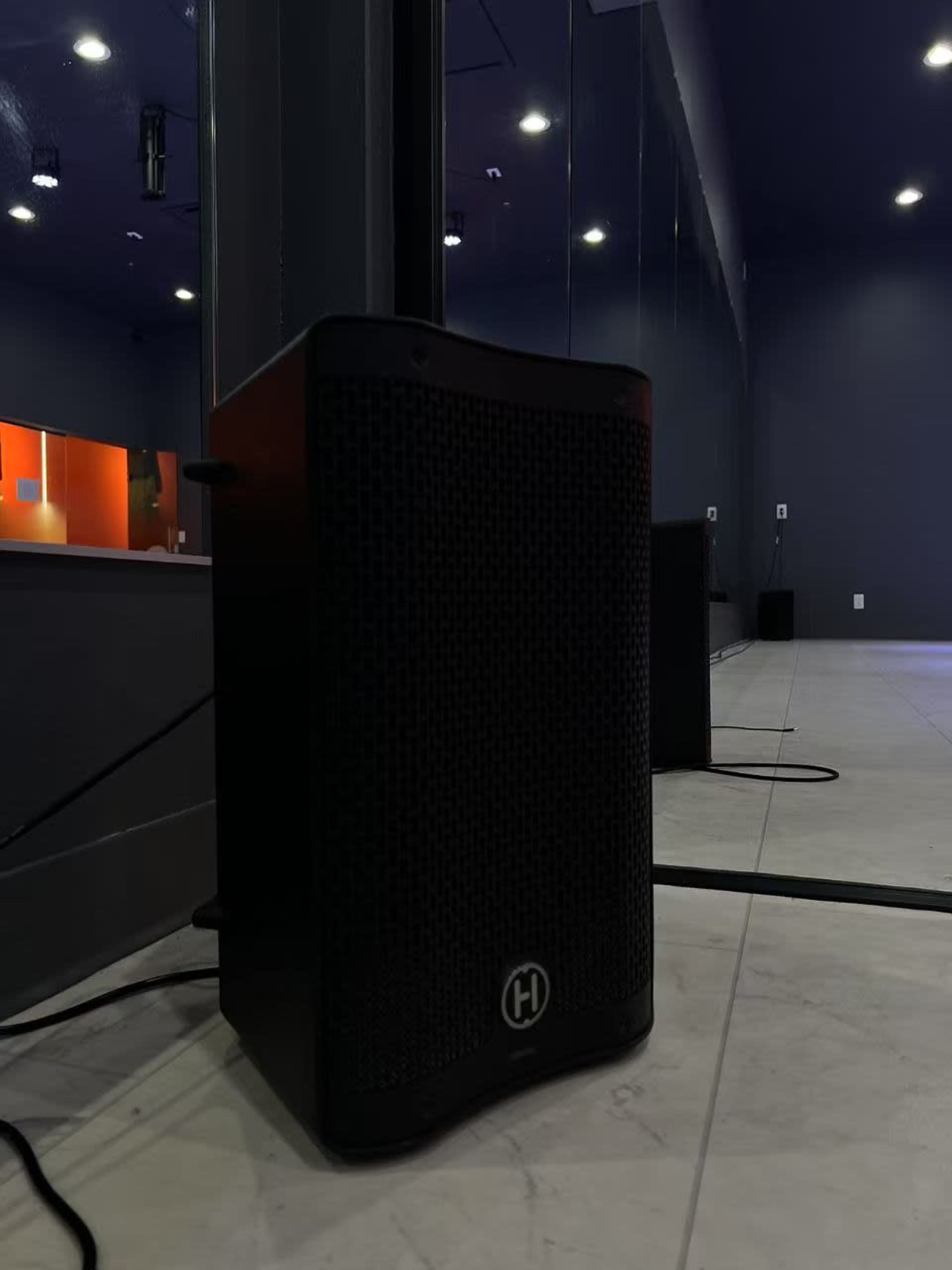 The image shows a black speaker positioned on the floor against a wall in a mirrored room.
