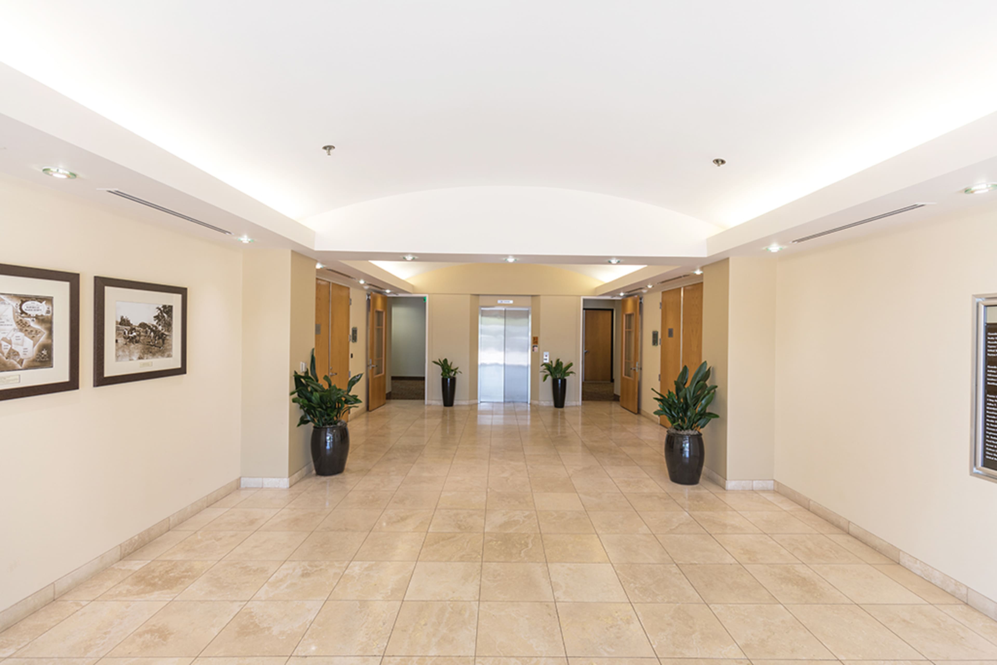 The image shows a well-lit corridor with elevator doors and framed pictures on the walls, flanked by potted plants at the sides.