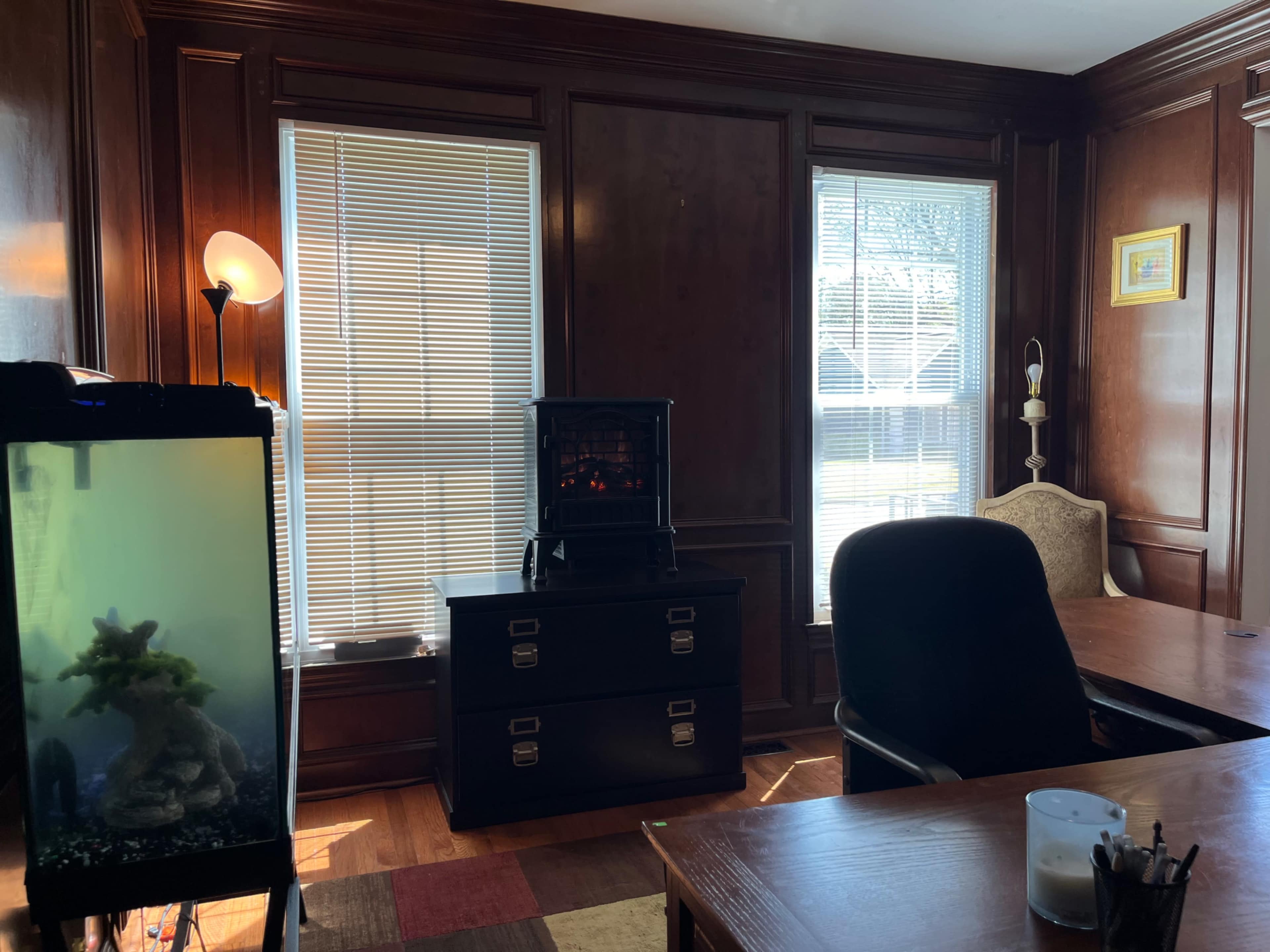 A cozy room with wooden paneling, featuring a small fireplace on a cabinet, two windows with blinds, a fish tank, and a desk with a chair.