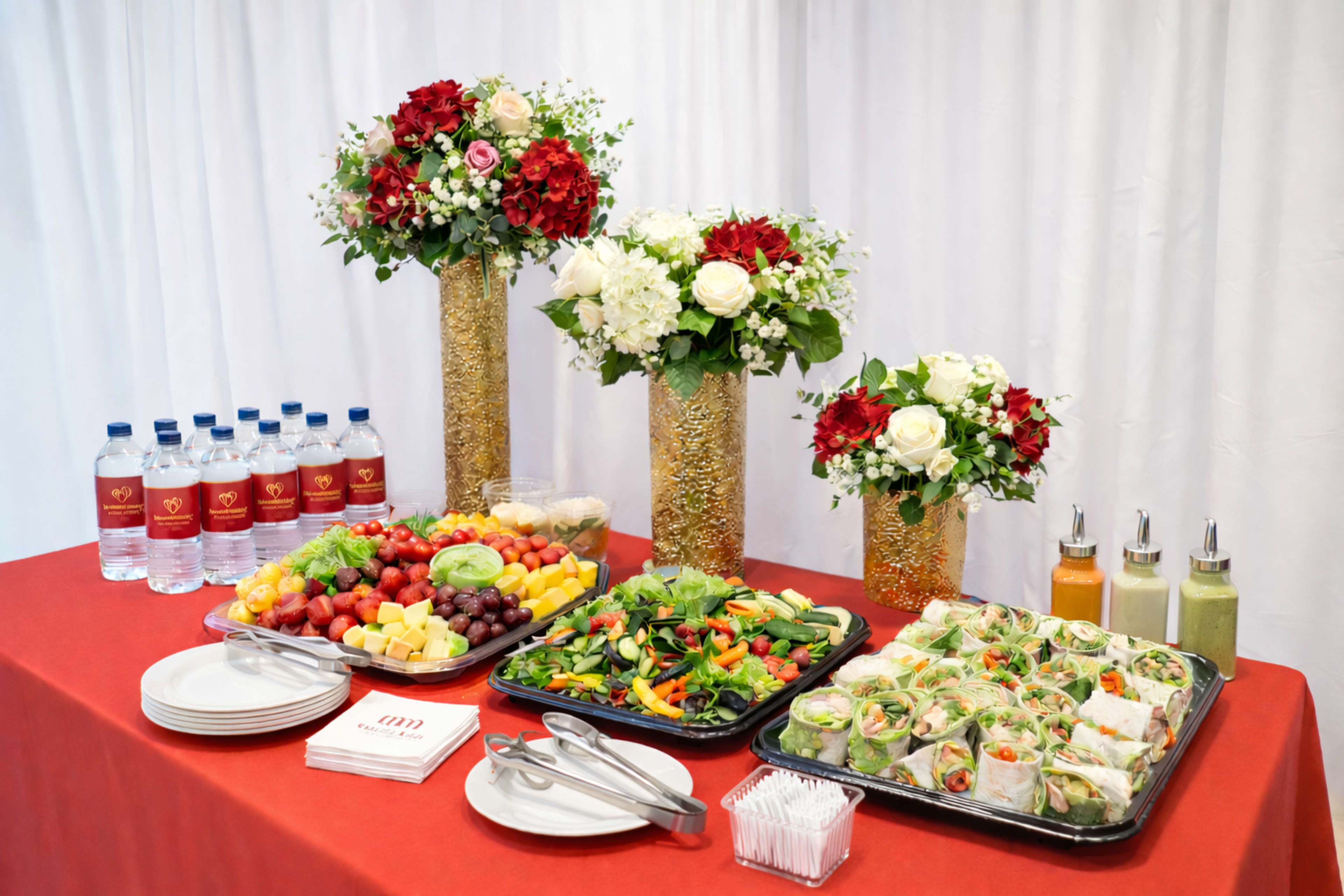 A buffet table is set with a variety of salads, fruit, wraps, and beverages, adorned with decorative floral arrangements.