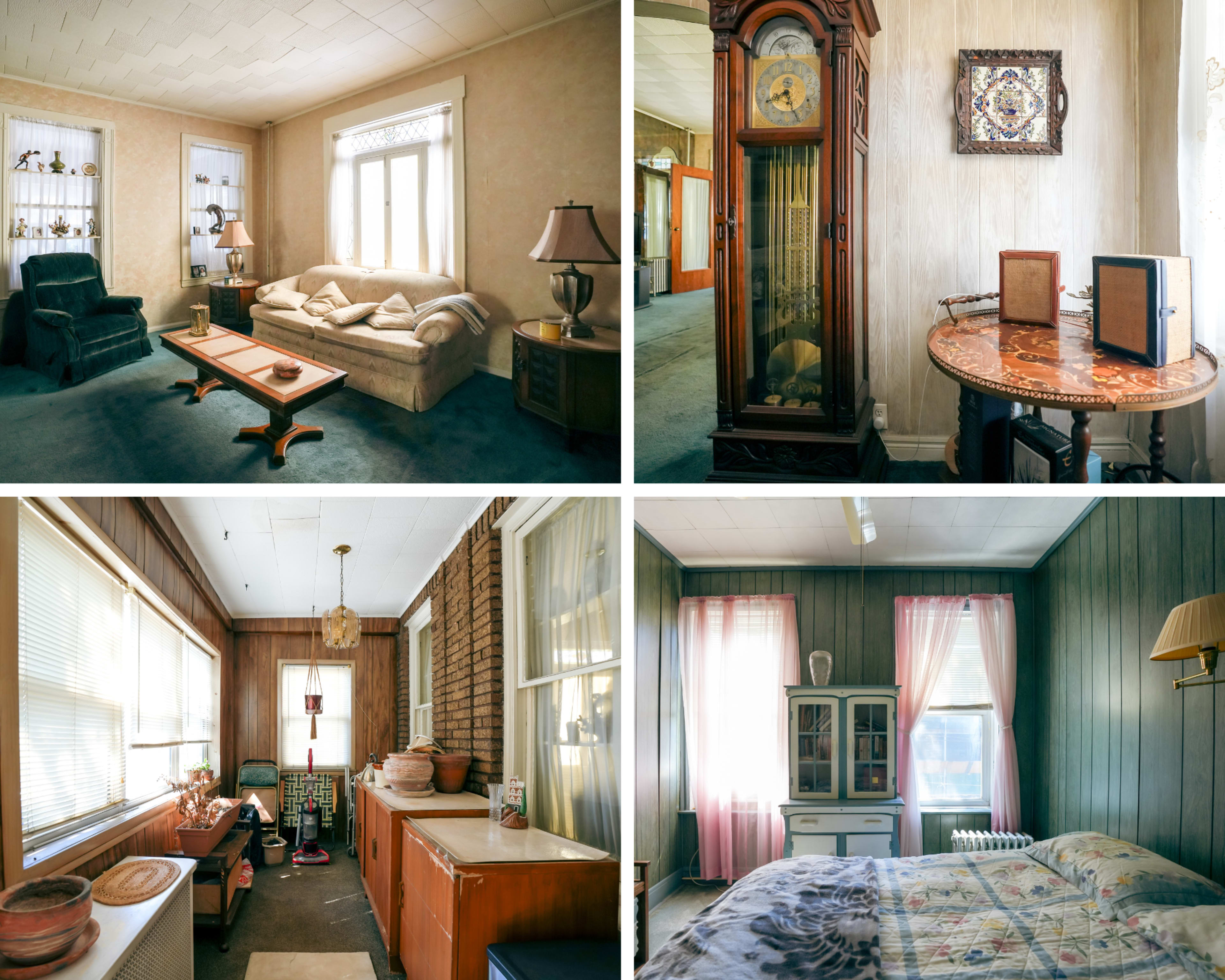 Four interior scenes of a home, featuring a living room, a dining area, a sunroom with plants, and a bedroom with a bed and window curtains.