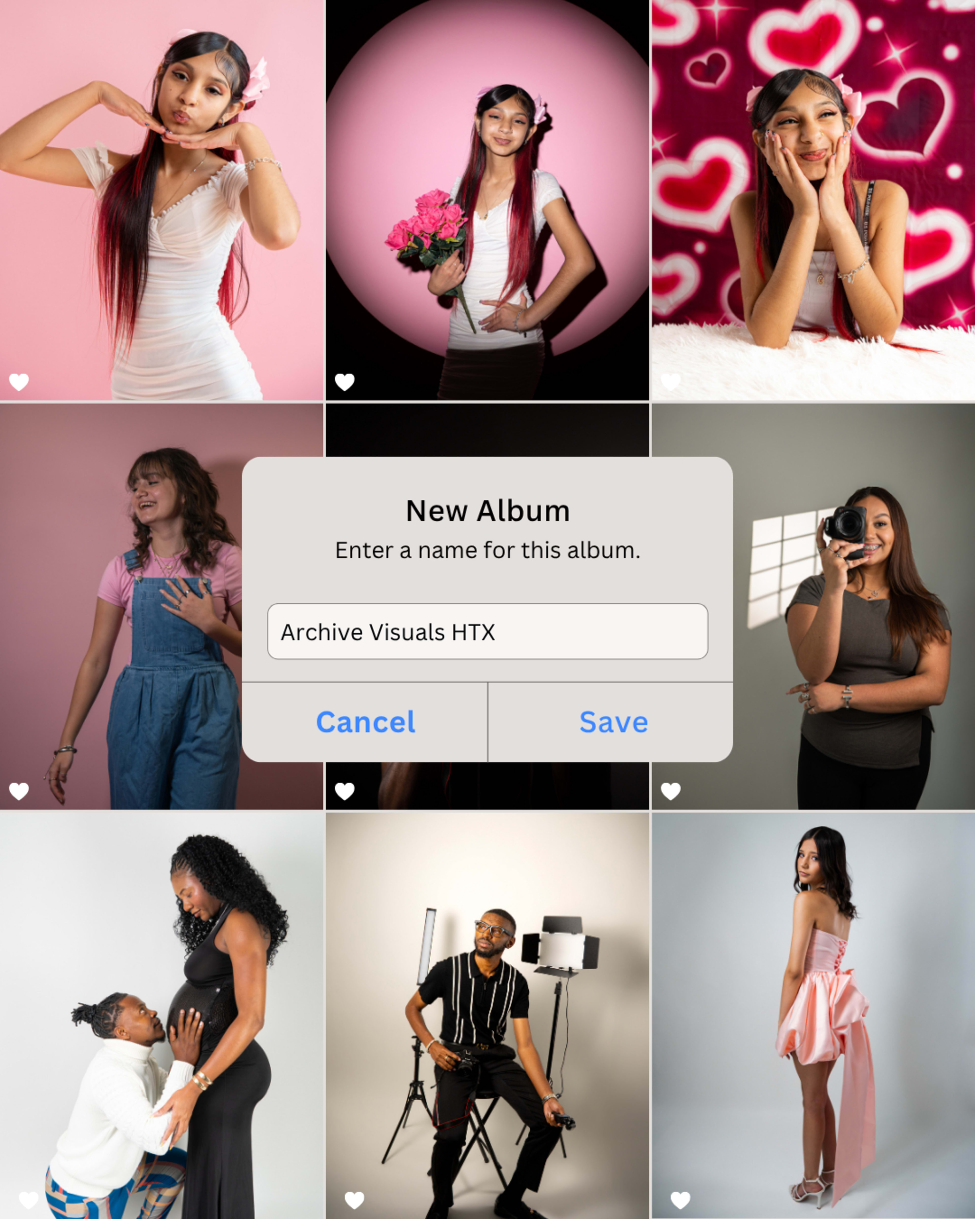 The image displays a collage of portraits featuring various individuals posed against plain or softly colored backgrounds, with some holding props like flowers and others using cameras.
