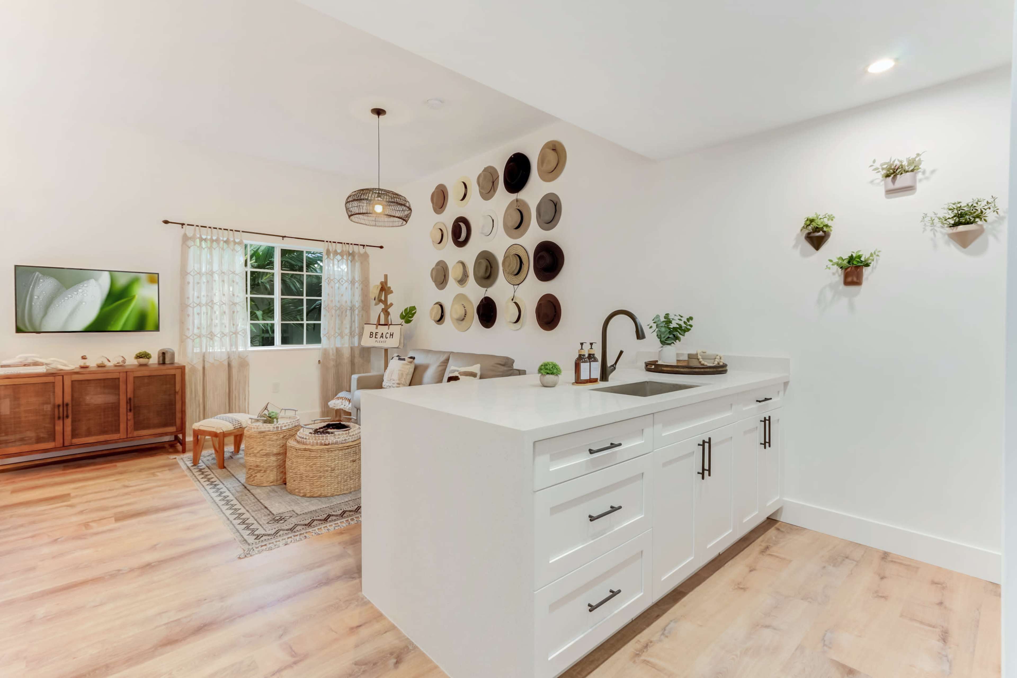 A modern kitchen with white cabinets and a sink is situated beside a living area featuring a television, decorative wall hats, and potted plants on the wall.