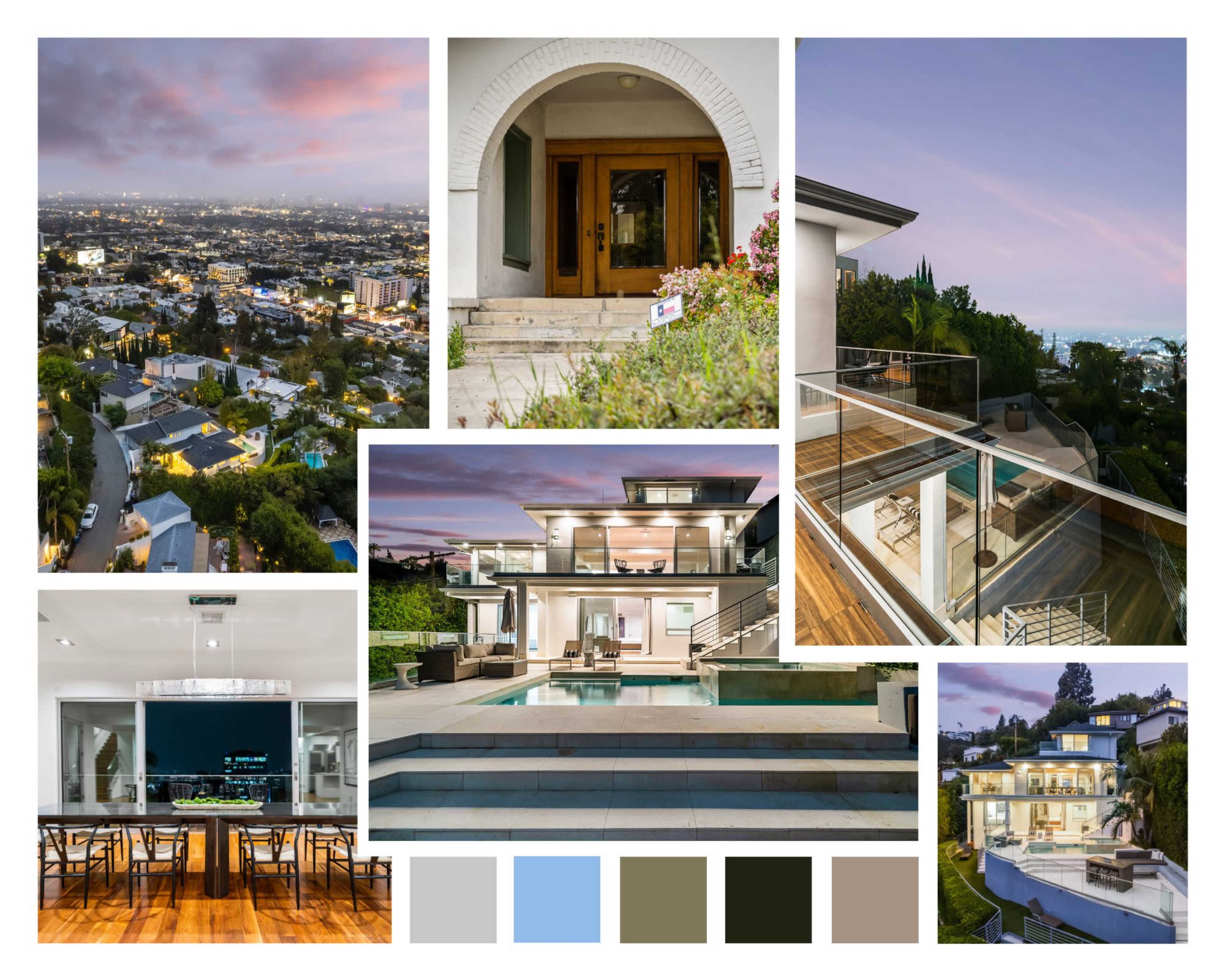 A luxurious modern home with a pool, spacious outdoor areas, and expansive views of a city skyline.