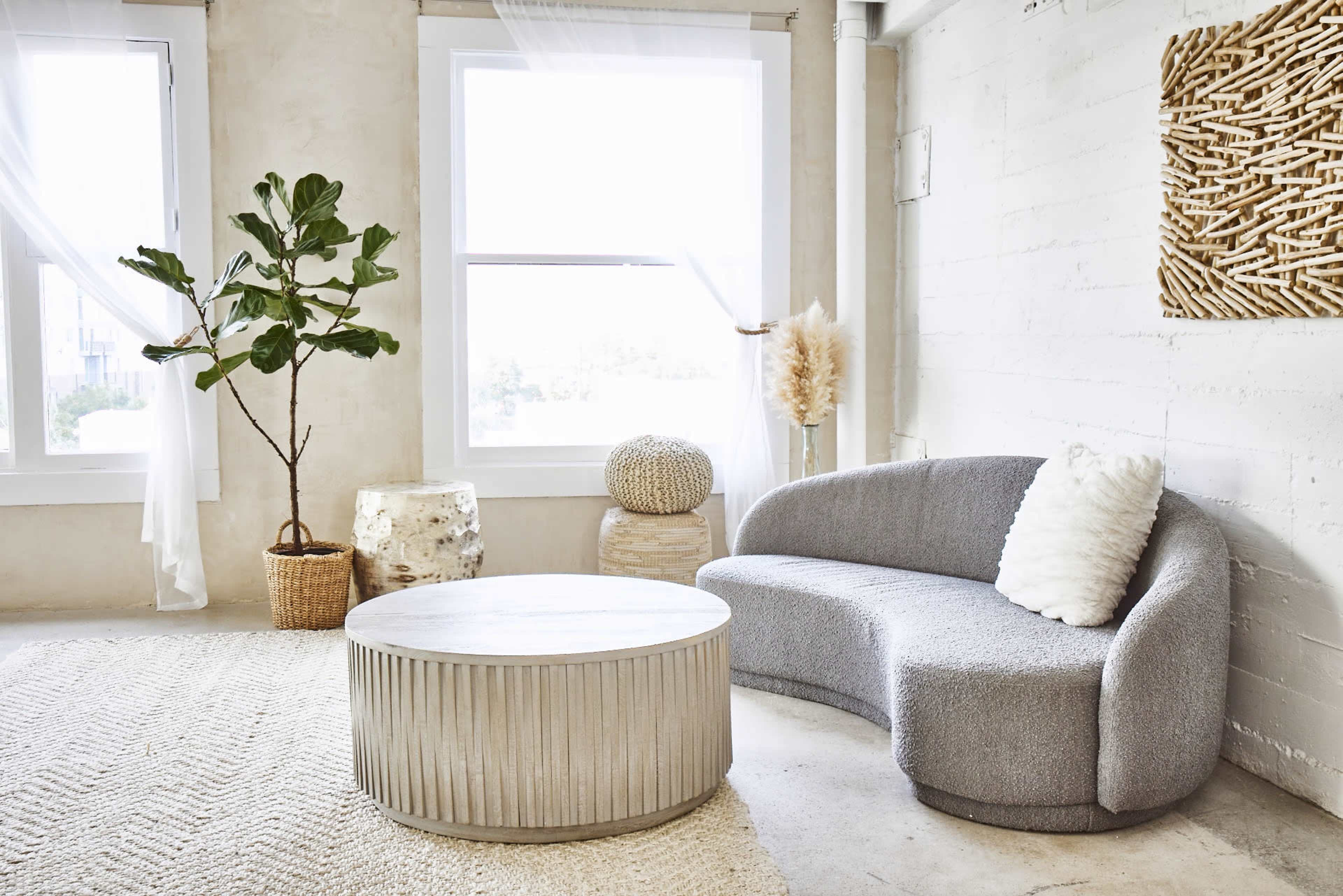 The image shows a minimalist living room with a curved gray sofa, a round coffee table, a potted plant, and natural fiber decor elements.