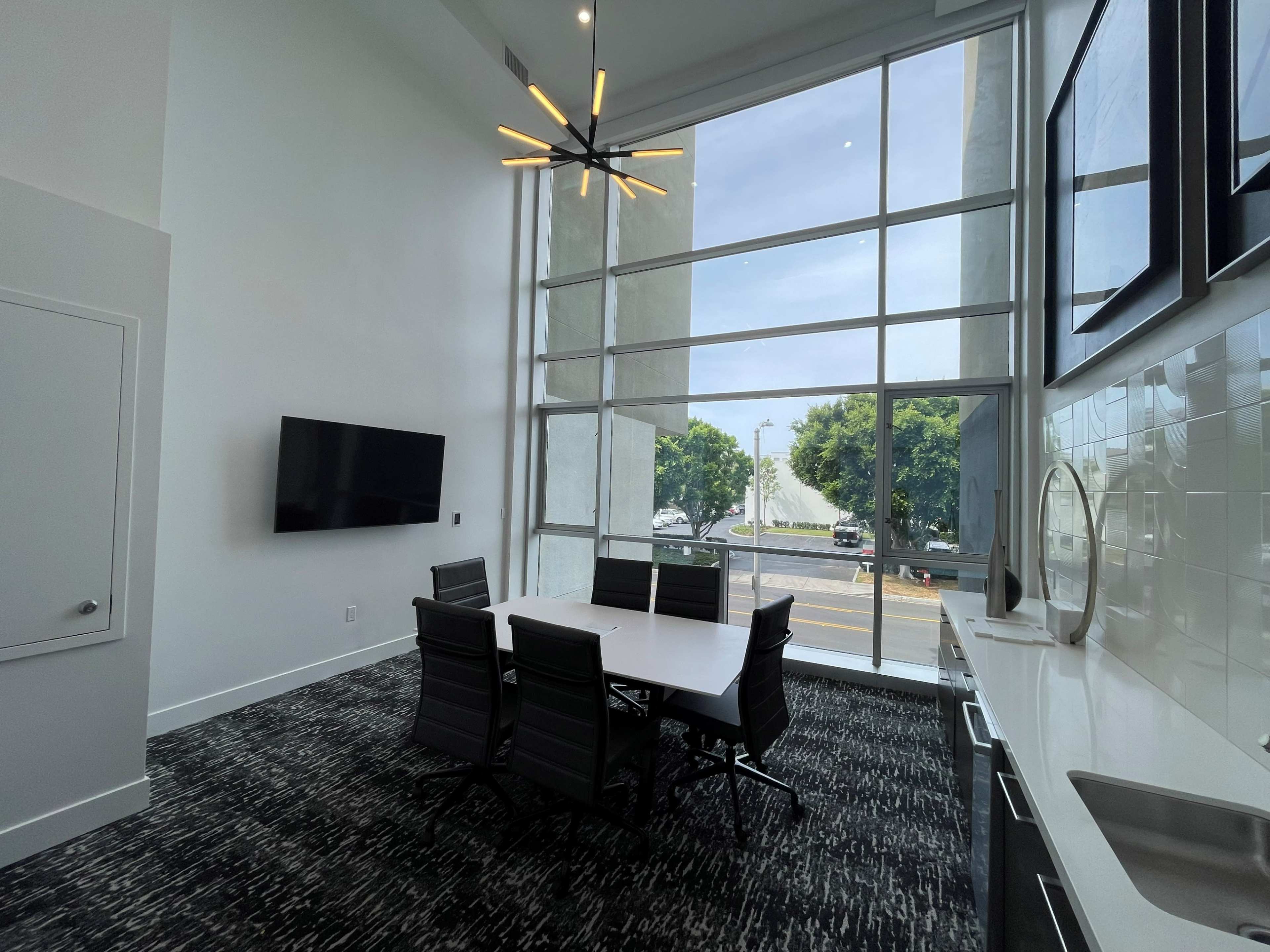 The image shows a modern conference room with a large table surrounded by black chairs, a wall-mounted television, and large windows providing natural light.