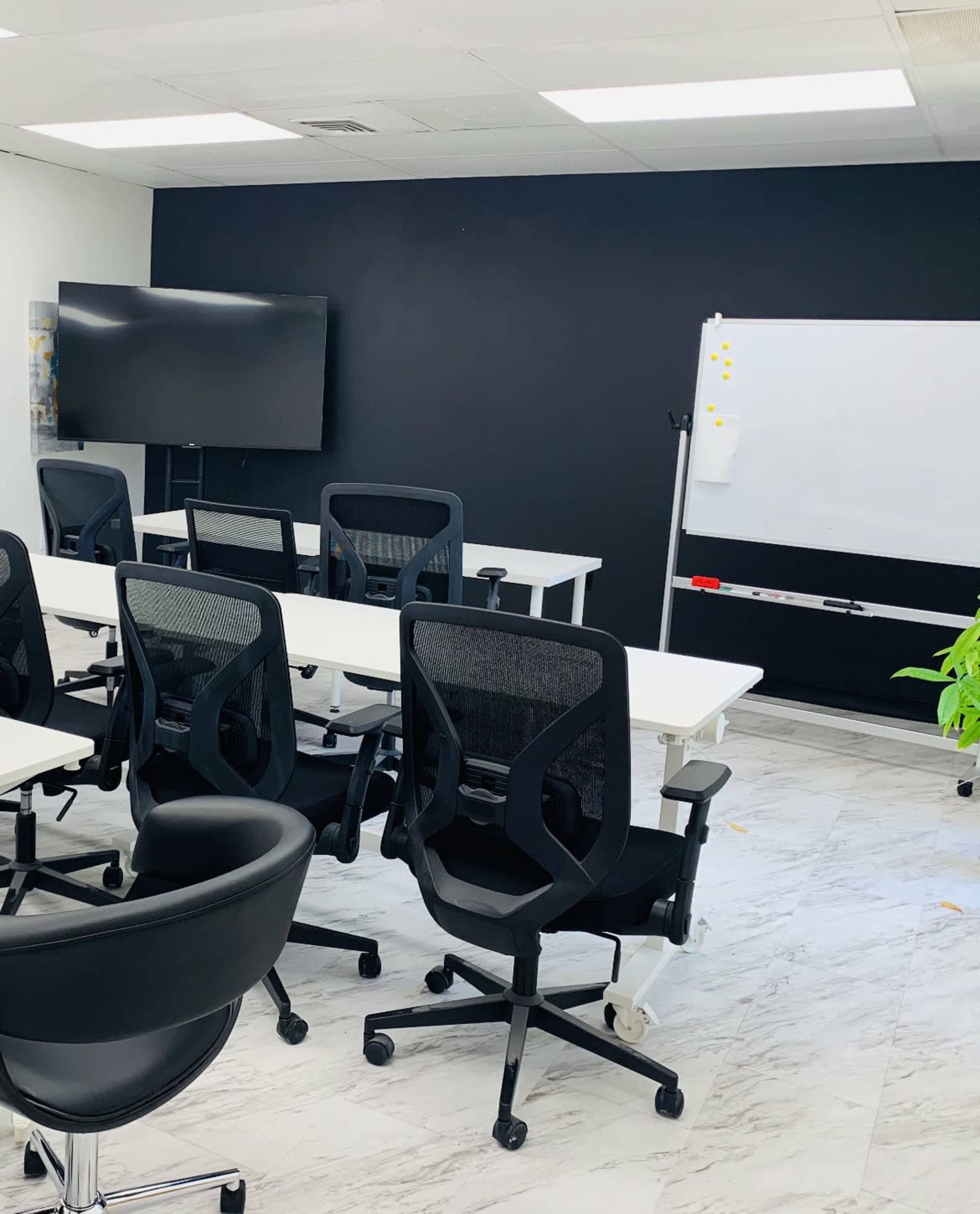A modern conference room features several black office chairs around white tables, a wall-mounted TV, a whiteboard, and a potted plant.