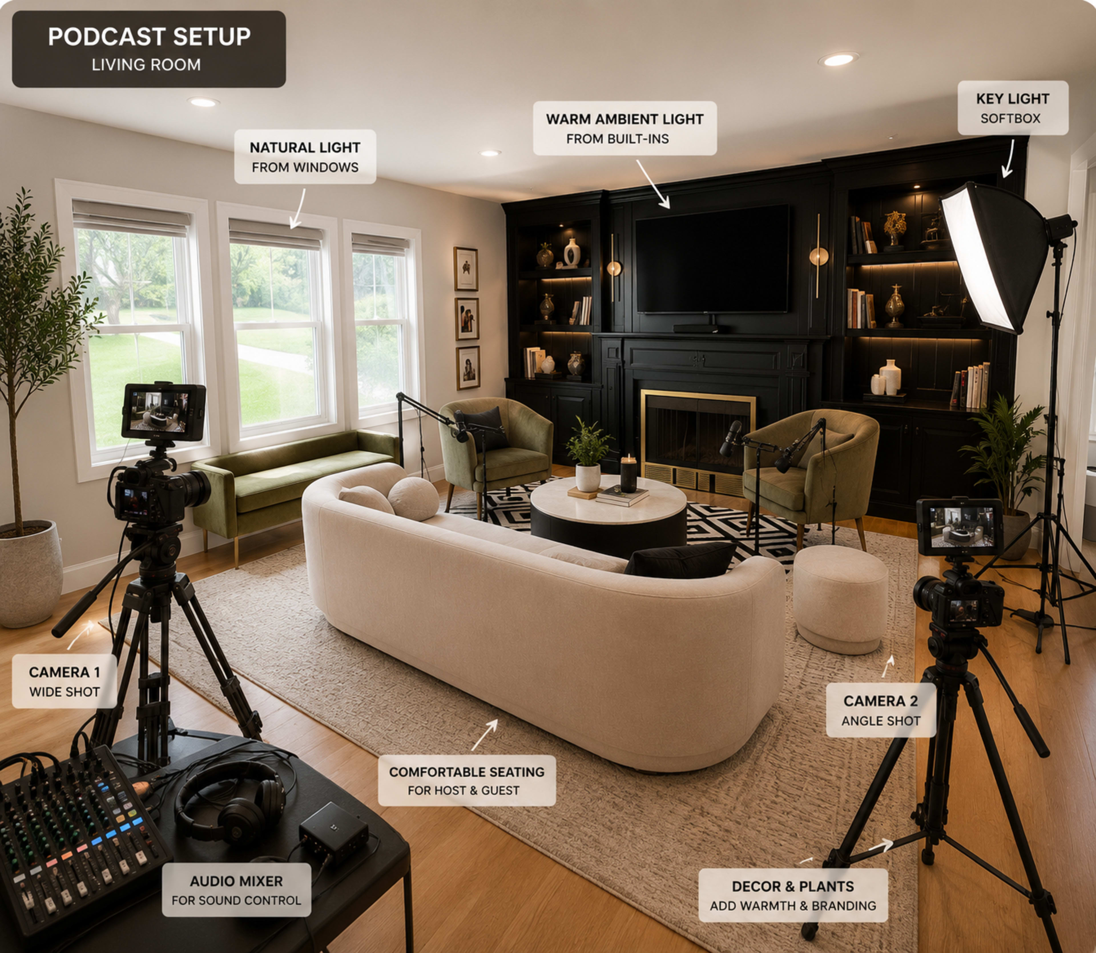 The image shows a living room set up for a podcast, featuring two cameras, an audio mixer, comfortable seating for a host and guest, and varied lighting sources.