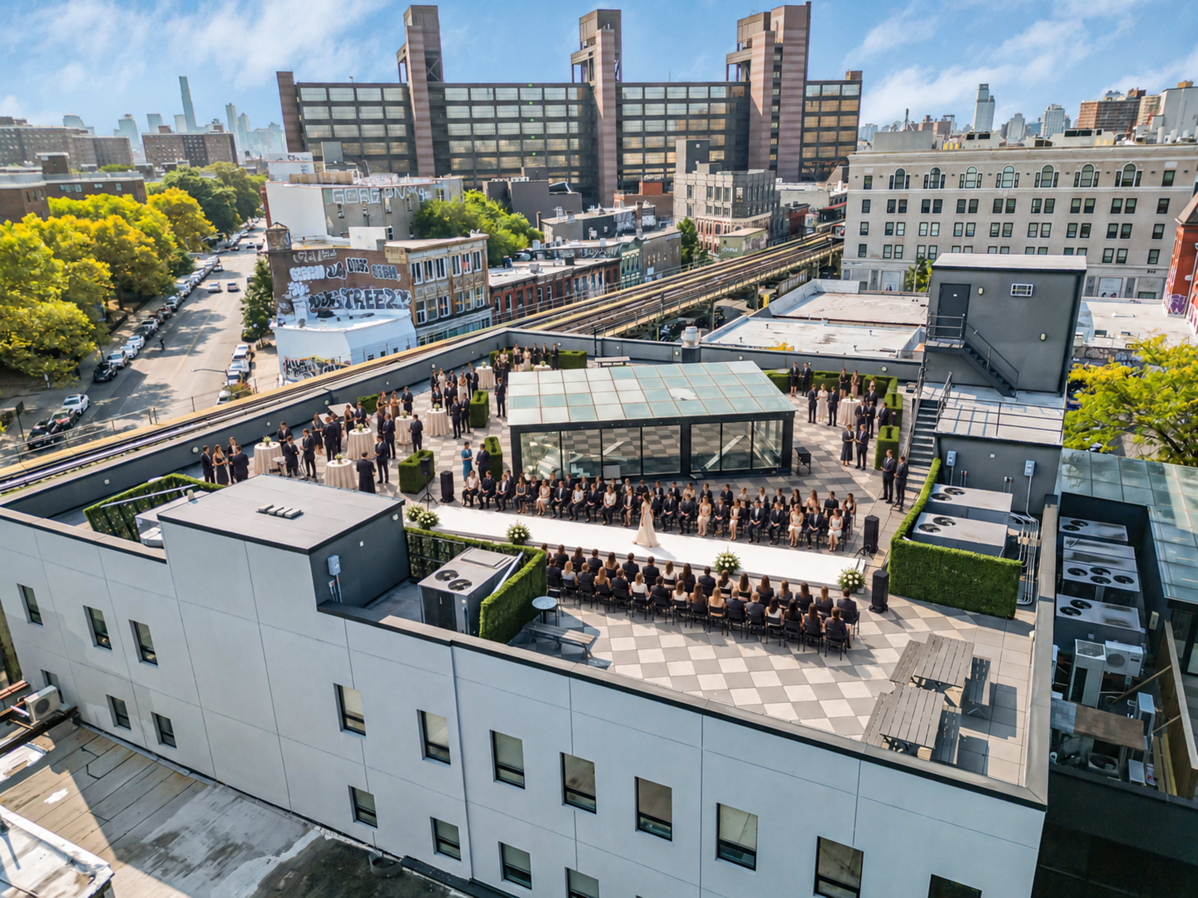 A rooftop wedding ceremony is set up with chairs arranged for guests, a large glass structure in the center, and a view of urban buildings in the background.
