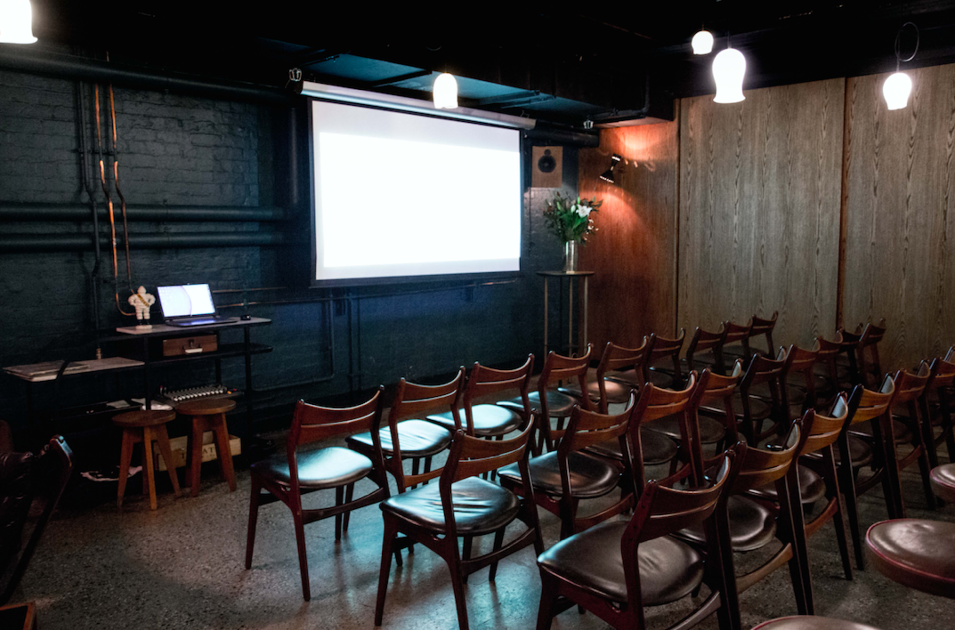 The image shows a dimly lit room arranged with wooden chairs in rows facing a projector screen.