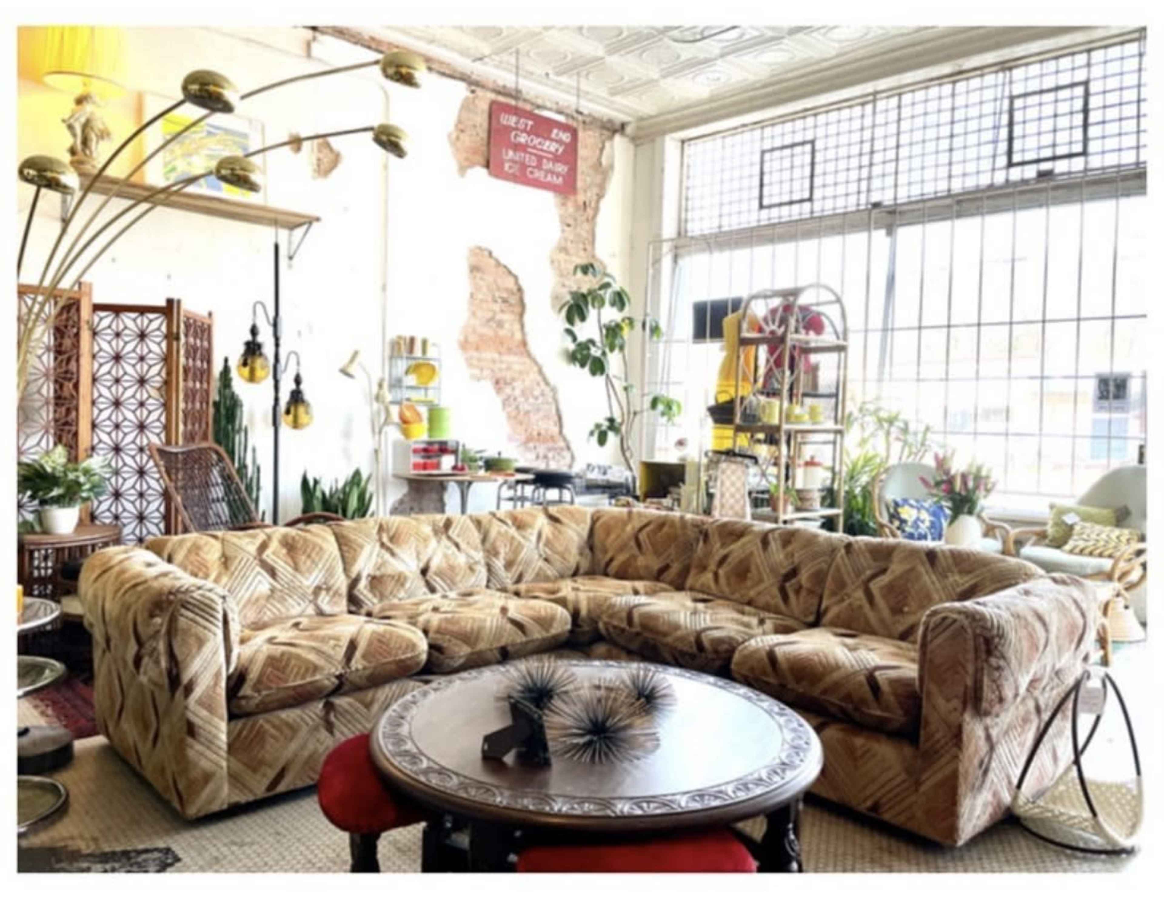 A spacious living room with a large, patterned sectional sofa, a round coffee table, and various plants and decorative items arranged around a window with grid pane.