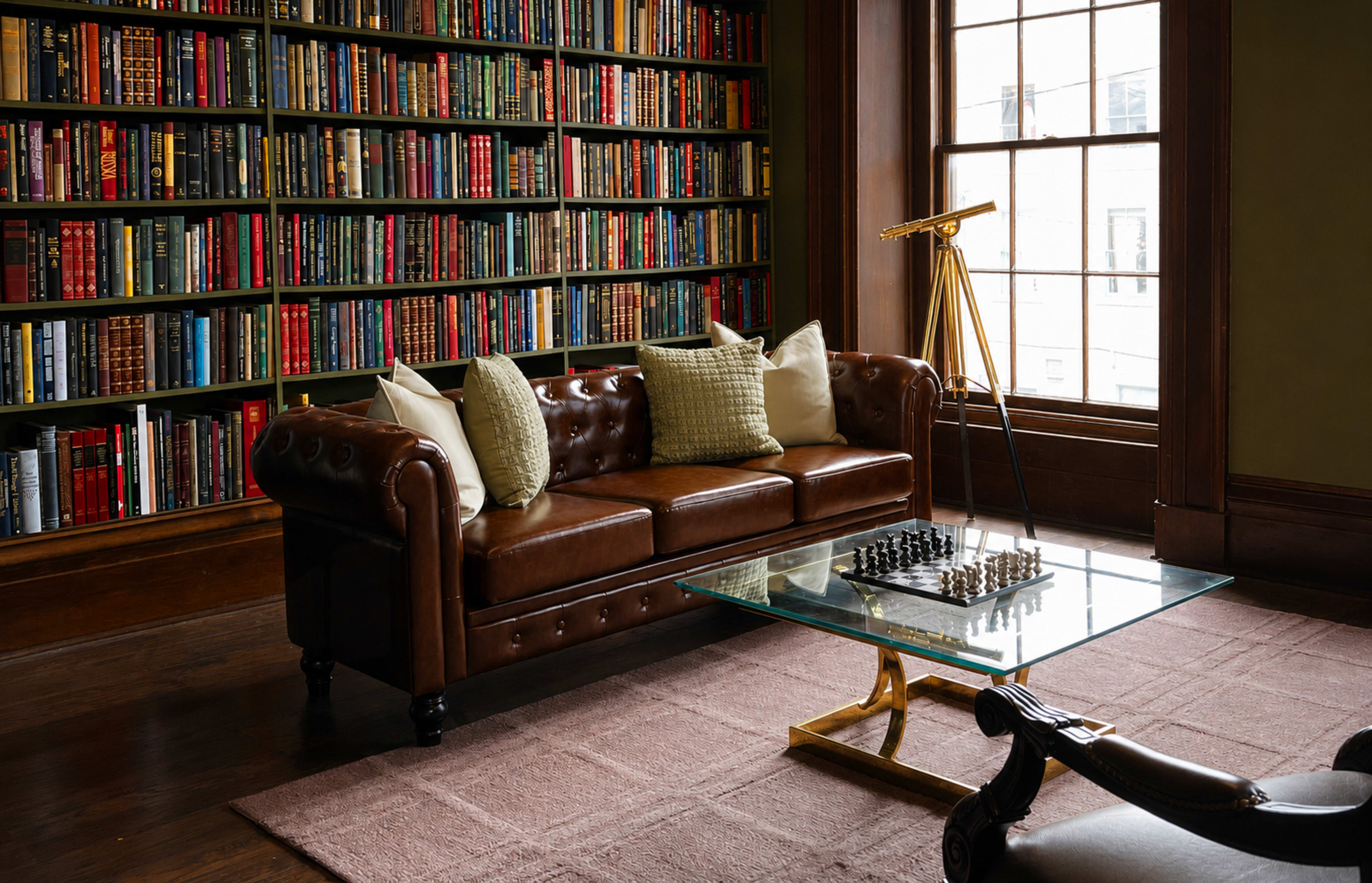 A brown leather couch with decorative pillows sits in front of a glass coffee table on a rug, surrounded by a wall of colorful bookshelves and a telescope by the window.