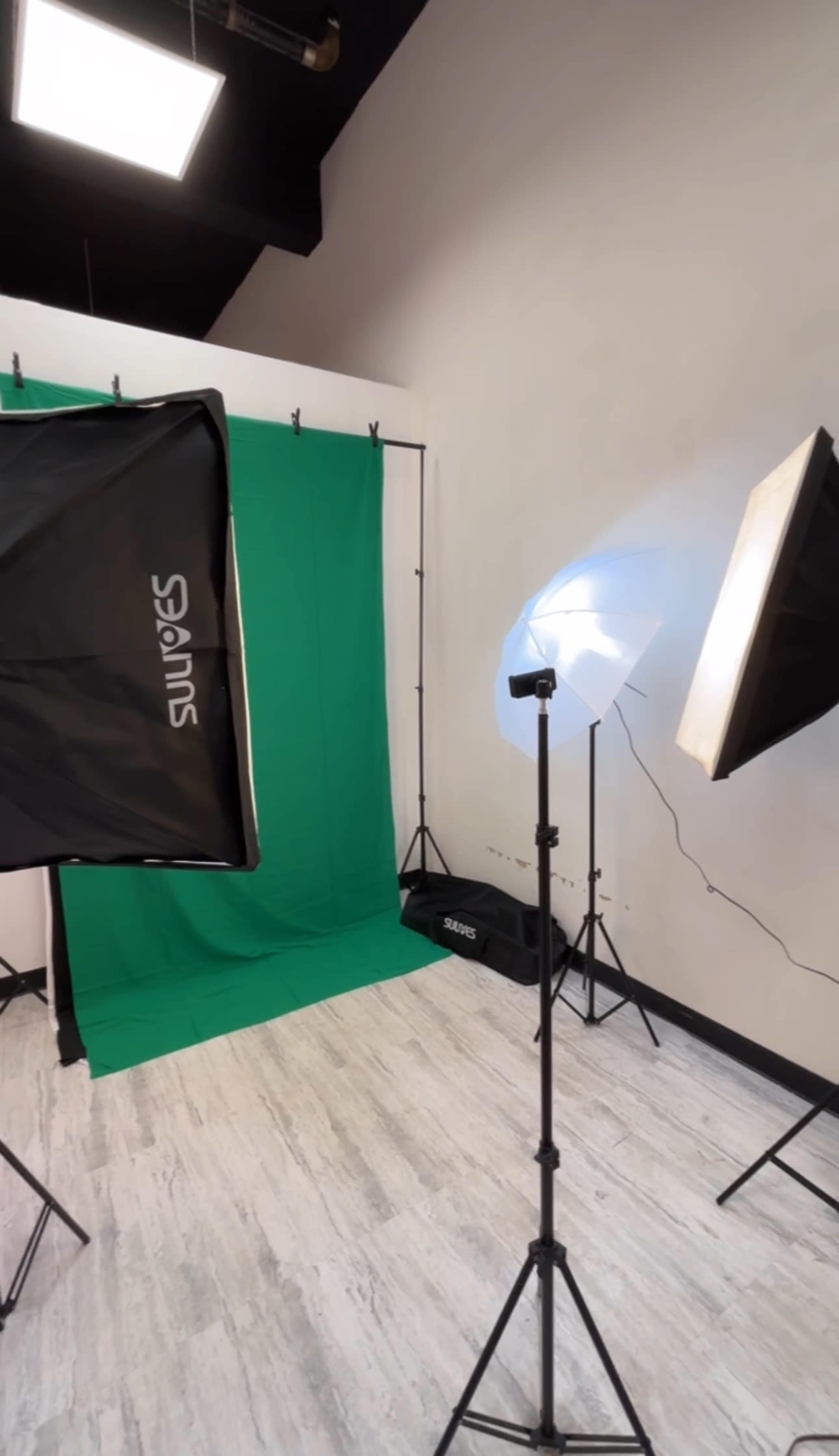 The image shows a photography studio setup with a green backdrop and two softboxes positioned for lighting.
