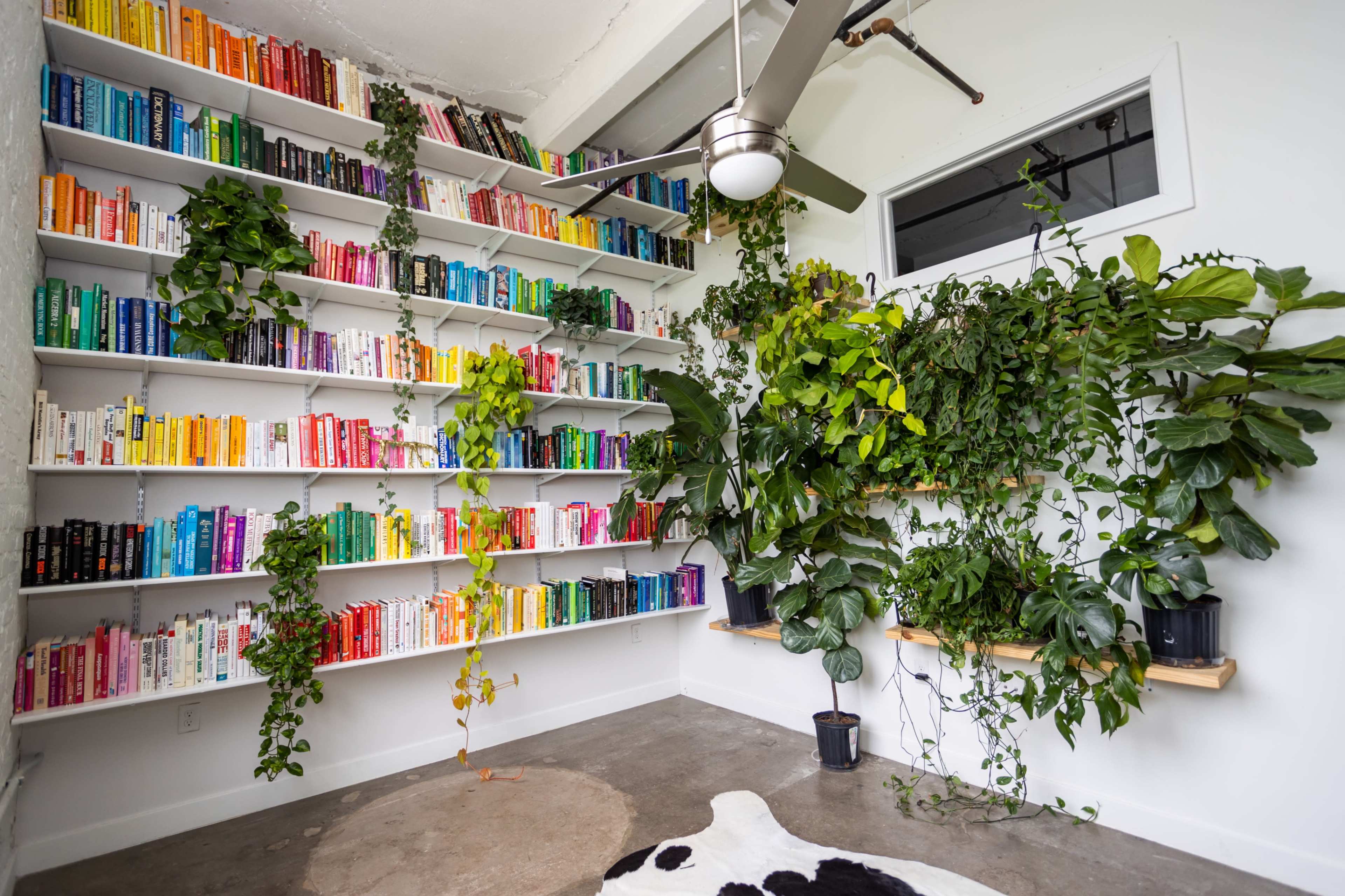 A colorful bookshelf filled with books is surrounded by various green plants on shelves and along the walls in a well-lit room.