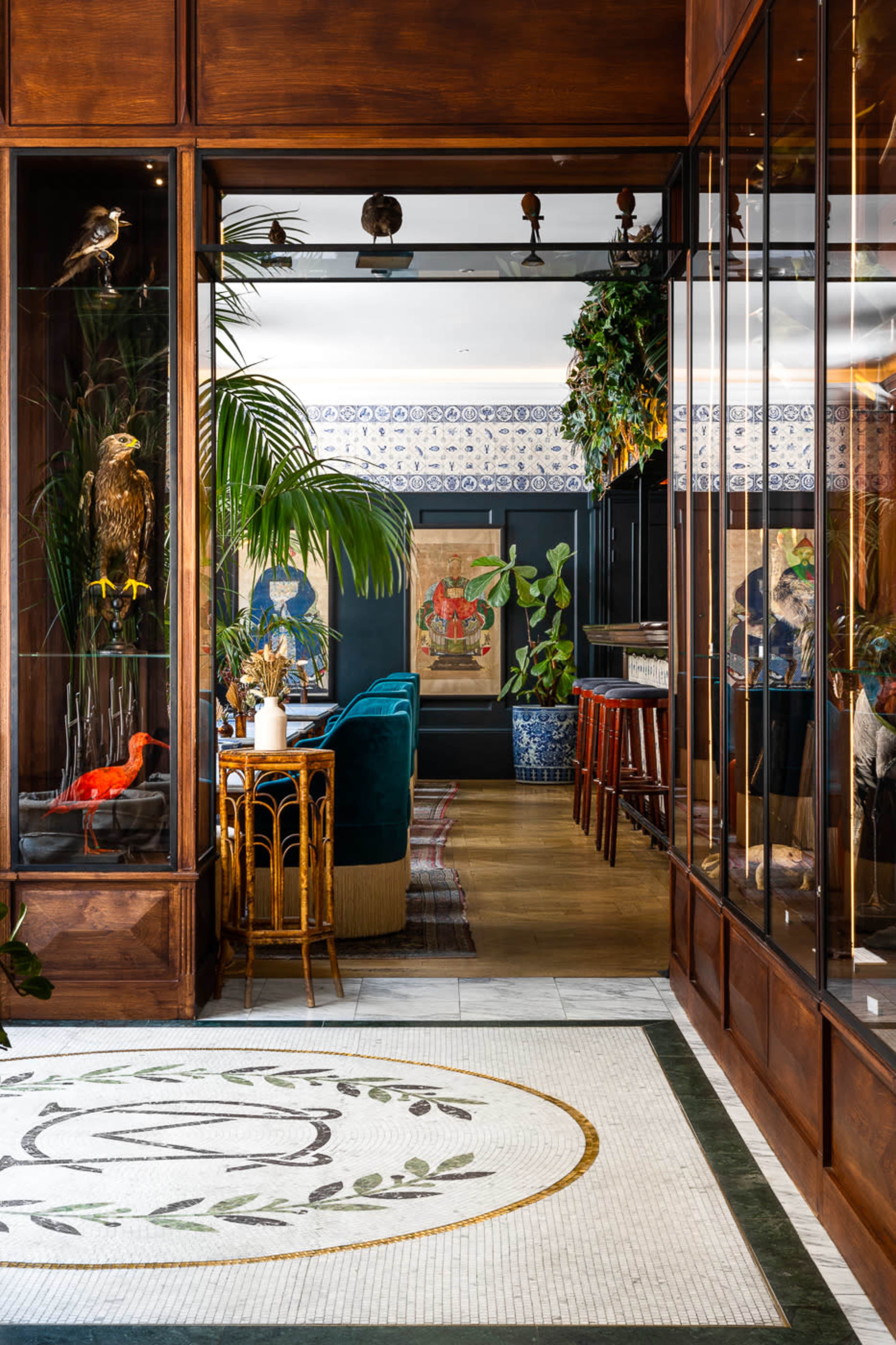 The image shows a stylish interior space featuring glass display cases with taxidermied birds, a dining area with blue velvet chairs, and decorative plants.