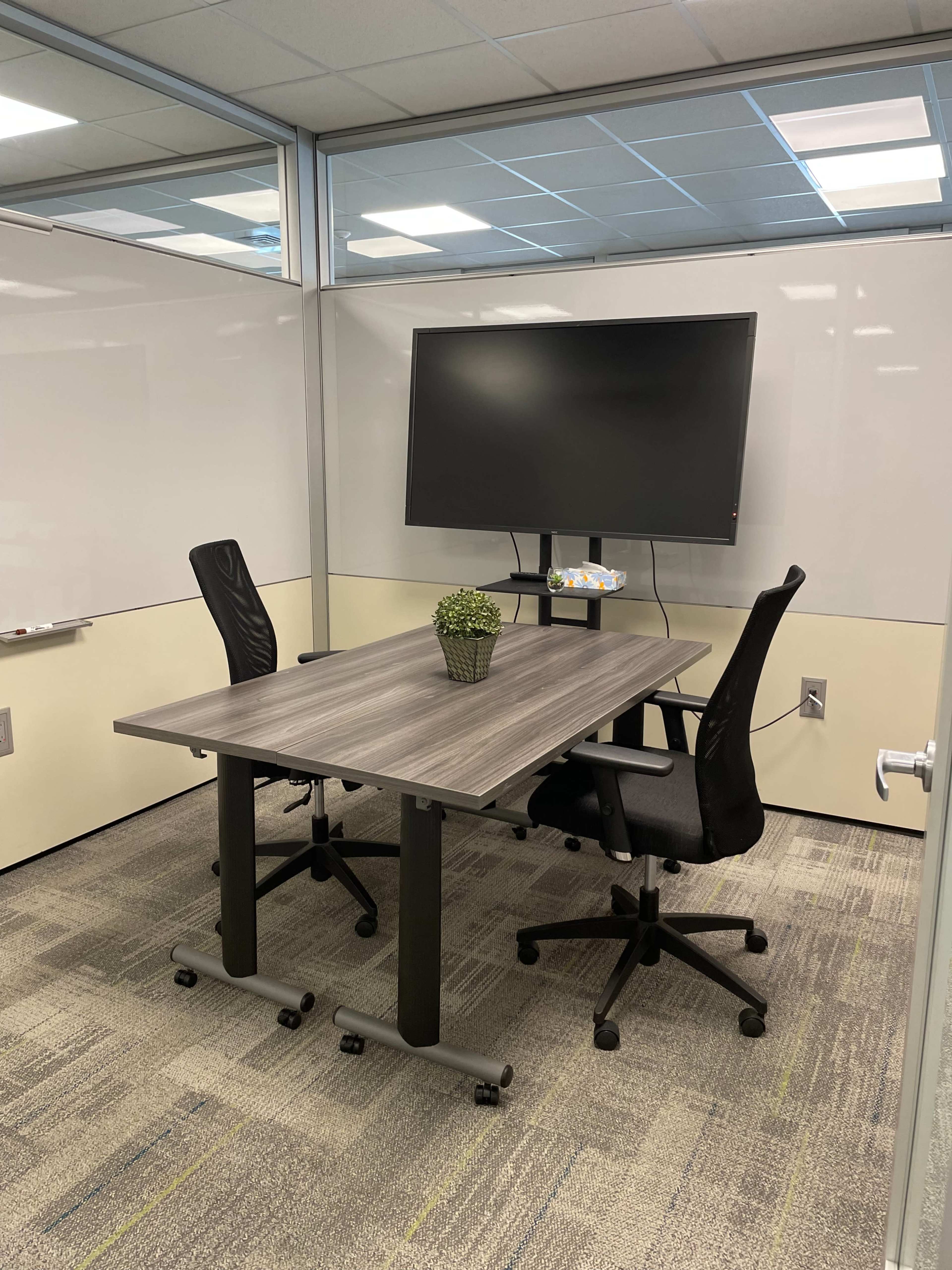 A conference room features a table with two chairs, a TV mounted on the wall, and a small plant in the center.