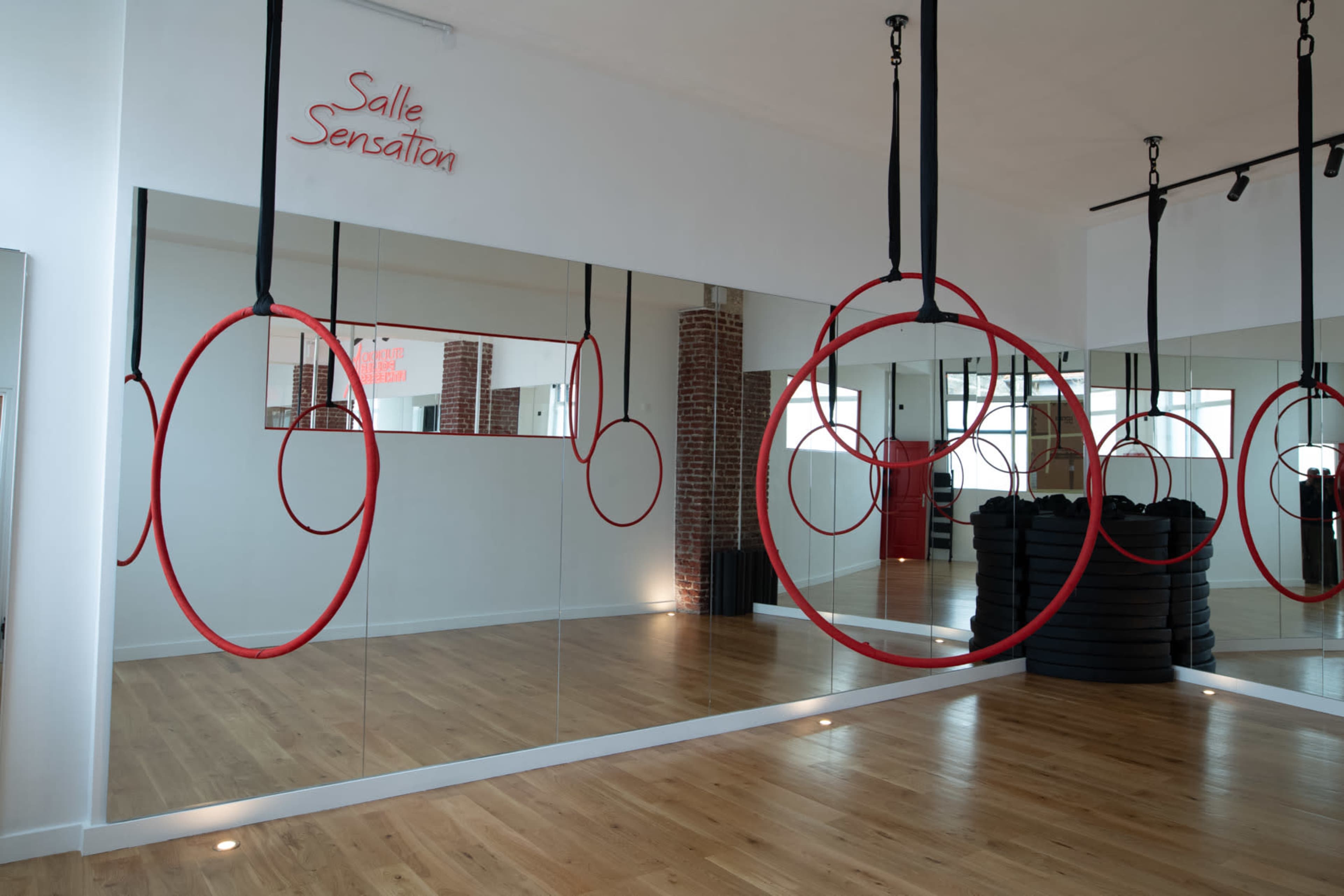 The image shows a fitness studio with two red aerial hoops hanging from the ceiling, large mirrors on the wall, and wooden flooring.