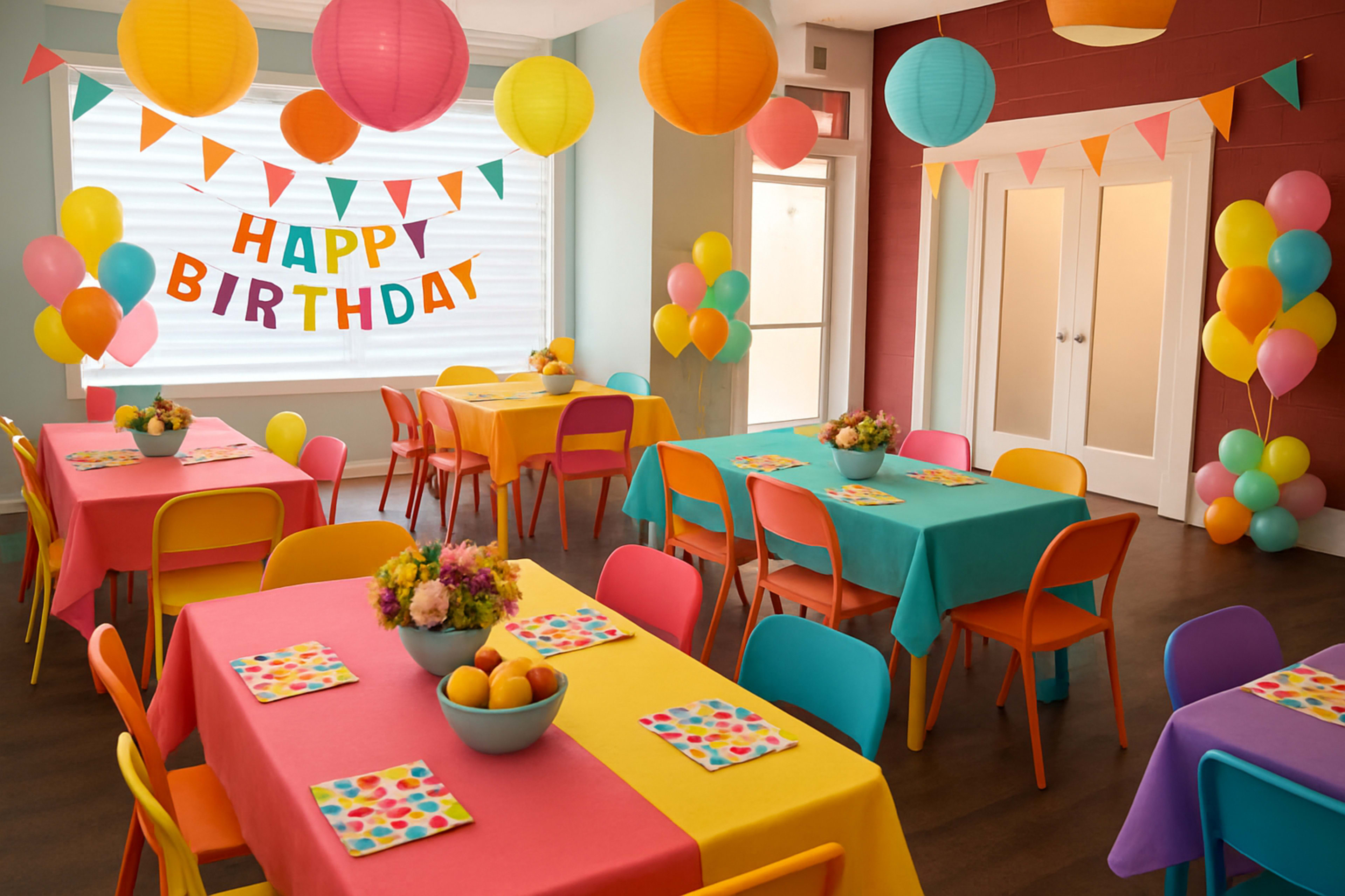 The scene shows a brightly decorated party room featuring tables with colorful tablecloths, balloons, and a "HAPPY BIRTHDAY" banner.