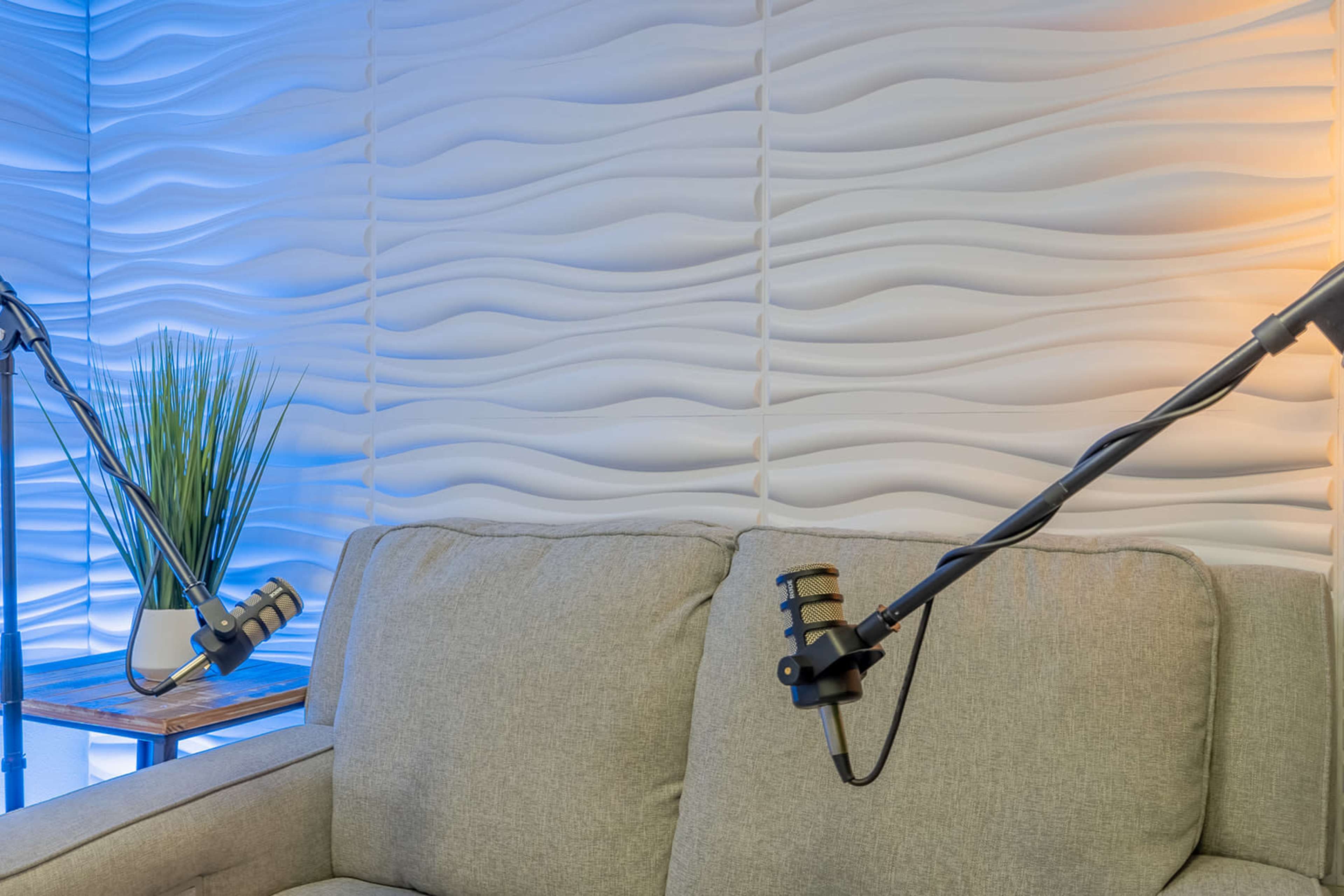 The image shows a light-colored couch in front of a textured wall with wavy patterns, accompanied by two microphone stands and a potted plant on a side table.