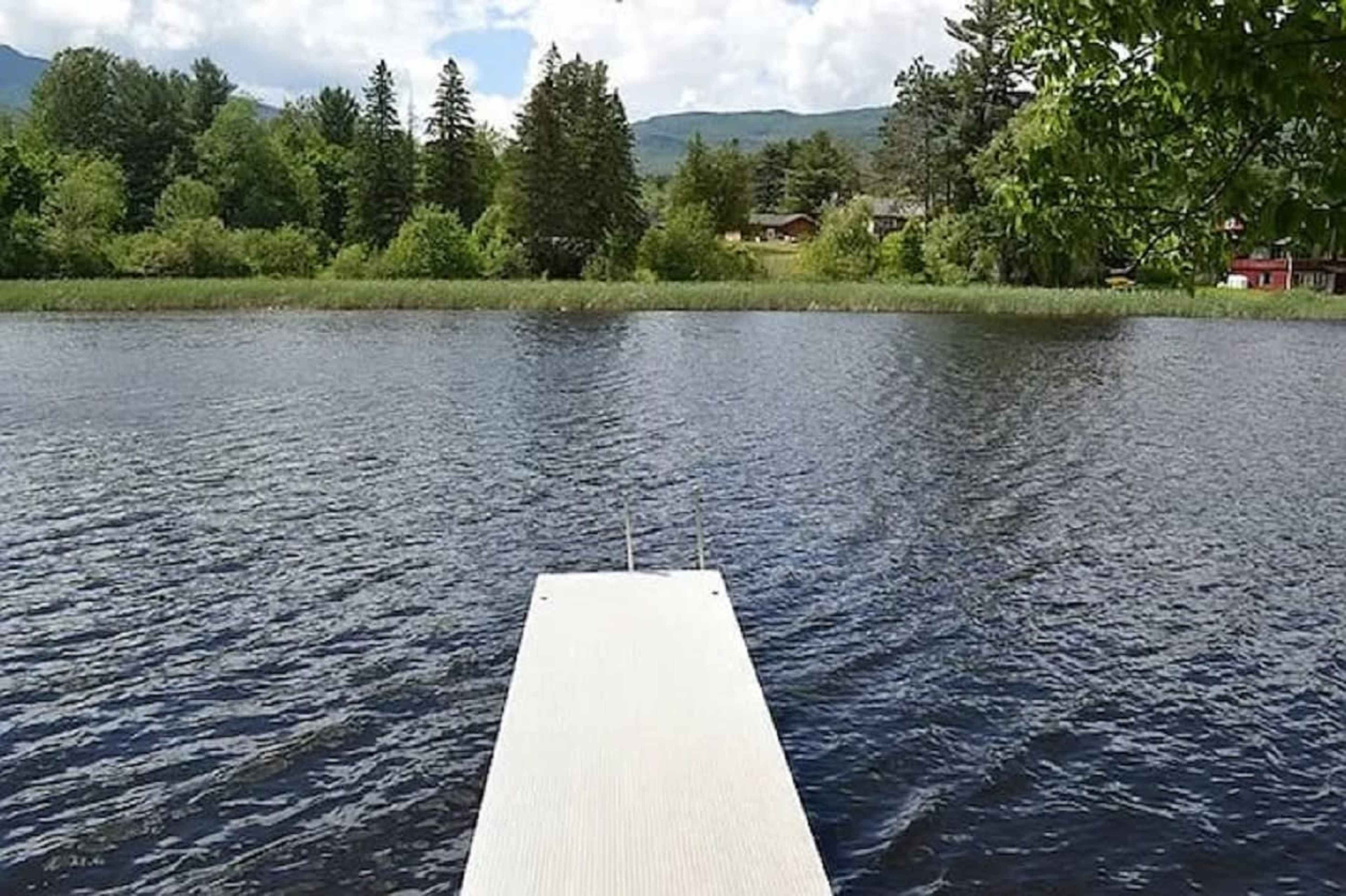 A wooden dock extends over a calm lake, surrounded by lush greenery and blue skies with scattered clouds.