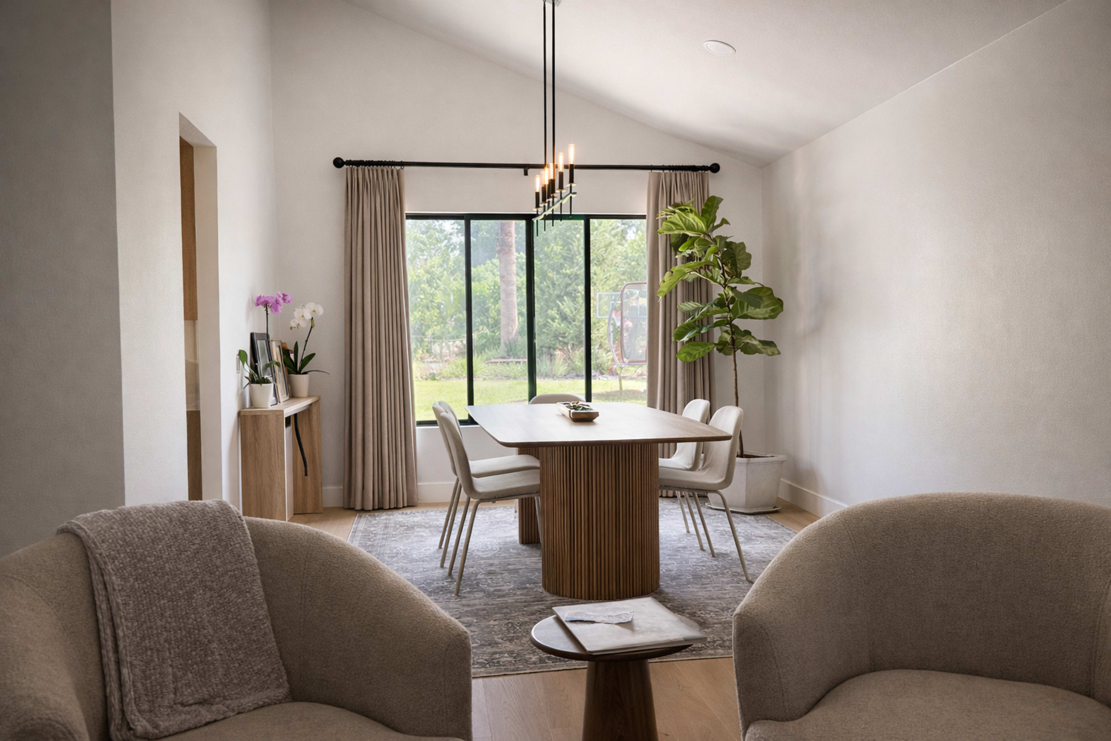The image shows a modern dining room featuring a rounded wooden table surrounded by white chairs, with a large window overlooking a green outdoor area.