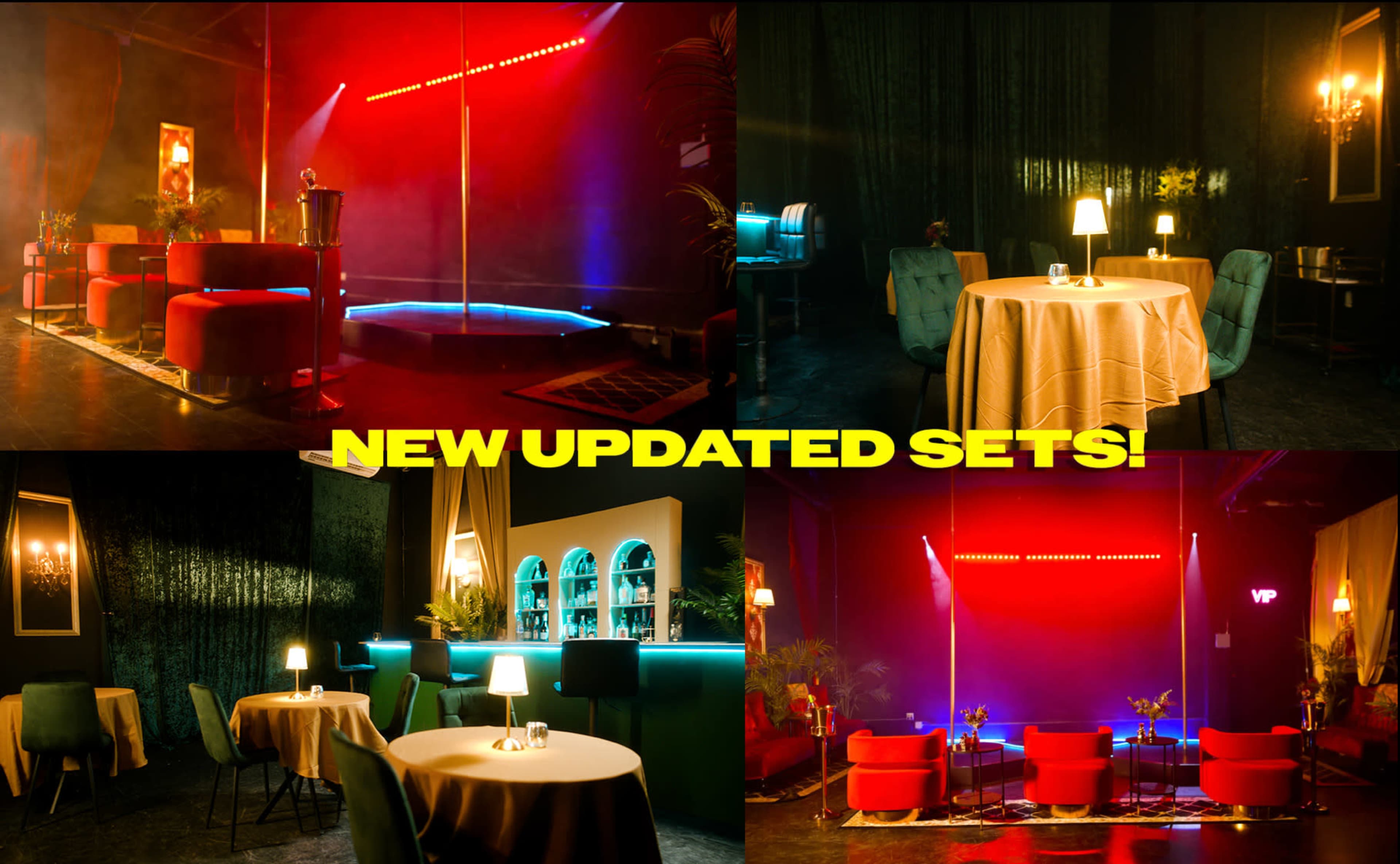 The image shows a nightlife venue with modern seating arrangements, illuminated tables, a pole in one area, and vibrant lighting effects.